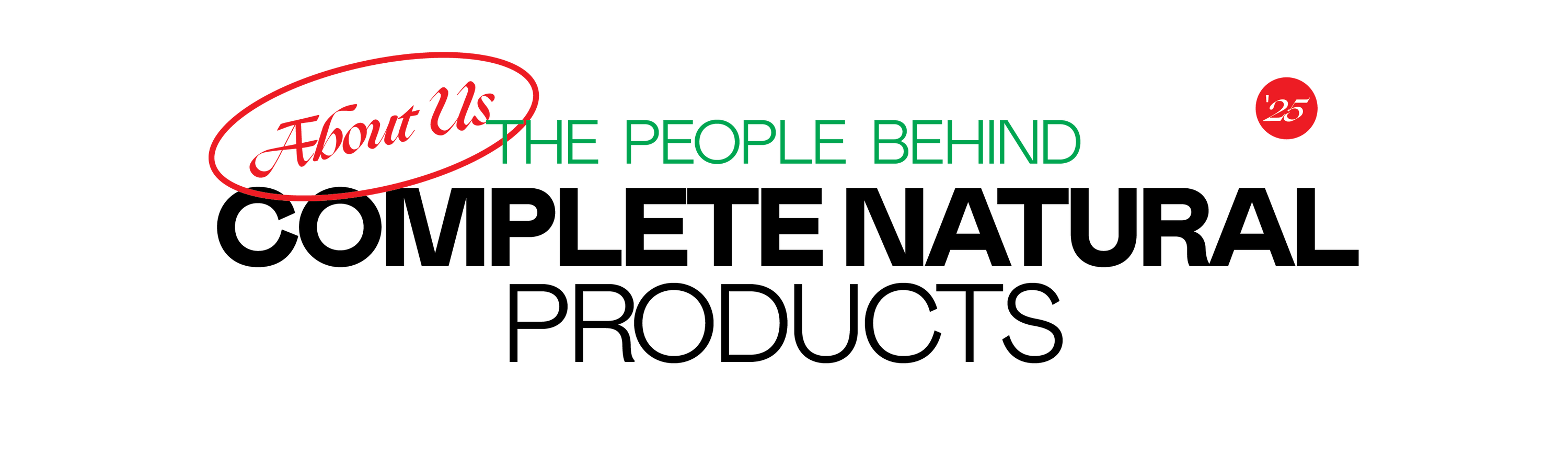 About Us is written in red cursive inside a red oval, followed by the green text THE PEOPLE BEHIND and a small red circle with the white number 25 inside.