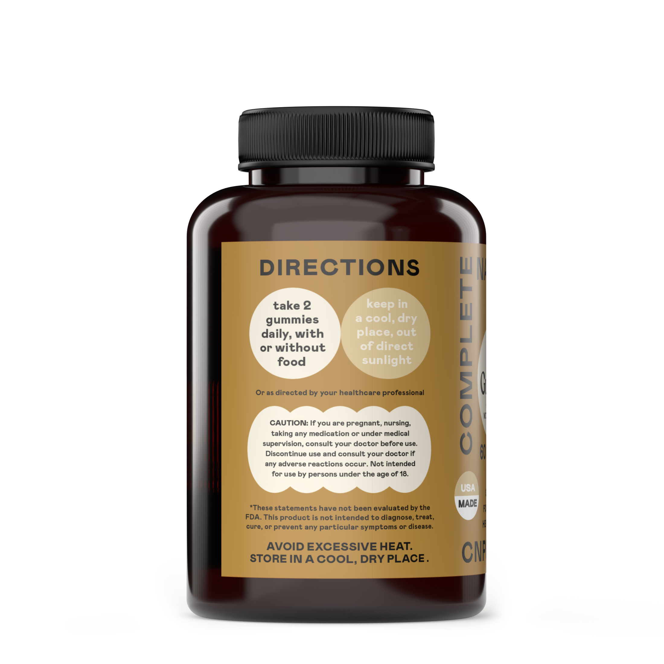 A brown CNPUSA Apple Cider Vinegar Gummies bottle with a black cap shows directions: Take 2 gummies daily, with or without food. Store in a cool, dry place away from sunlight. Extra caution and storage instructions are also visible.