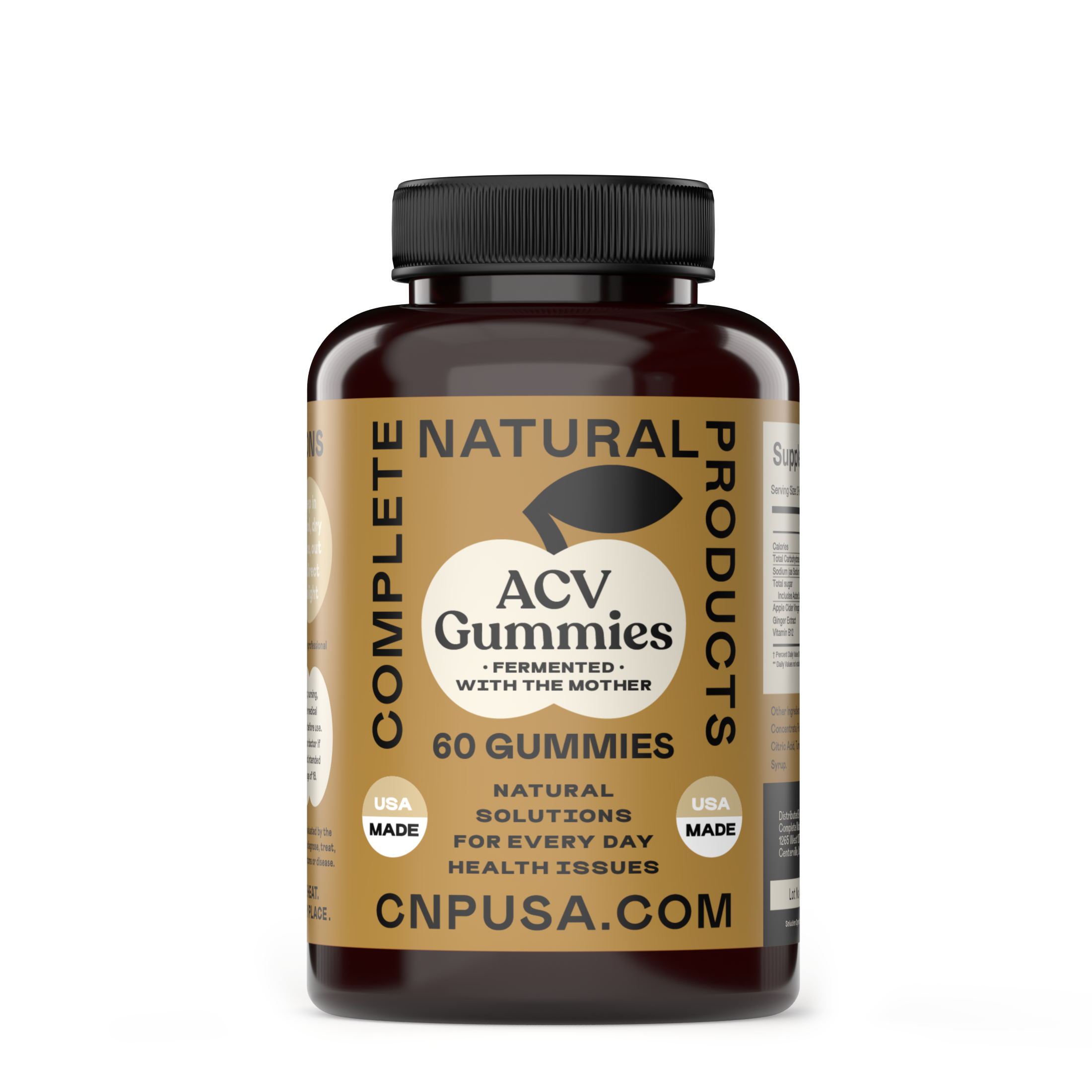 A bottle of CNPUSA Apple Cider Vinegar Gummies with a brown label, black cap, and Complete Natural Products text; 60 gummies enriched with essential vitamins and apple cider vinegar—natural support for daily wellness, USA Made.