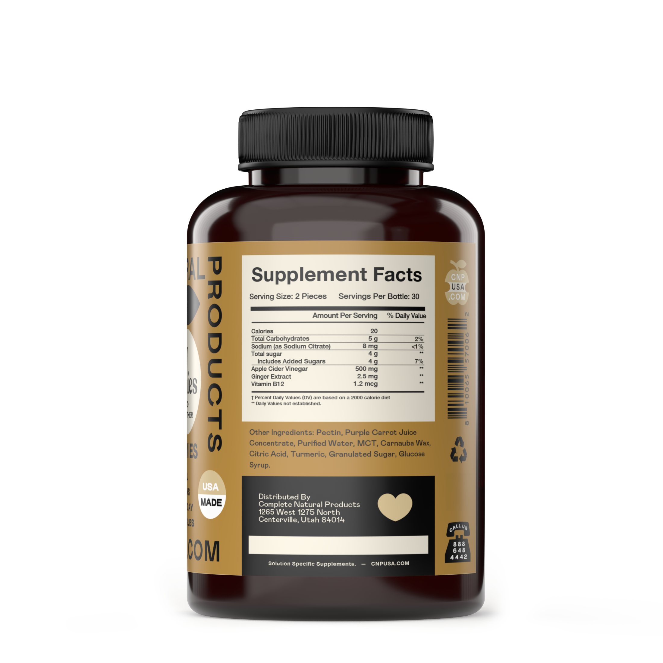 A dark brown CNPUSA Apple Cider Vinegar Gummies bottle with a black cap is shown. The label features Supplement Facts, nutritional info, essential vitamins, an ingredient list, a QR code, barcode, and USA MADE on the side.