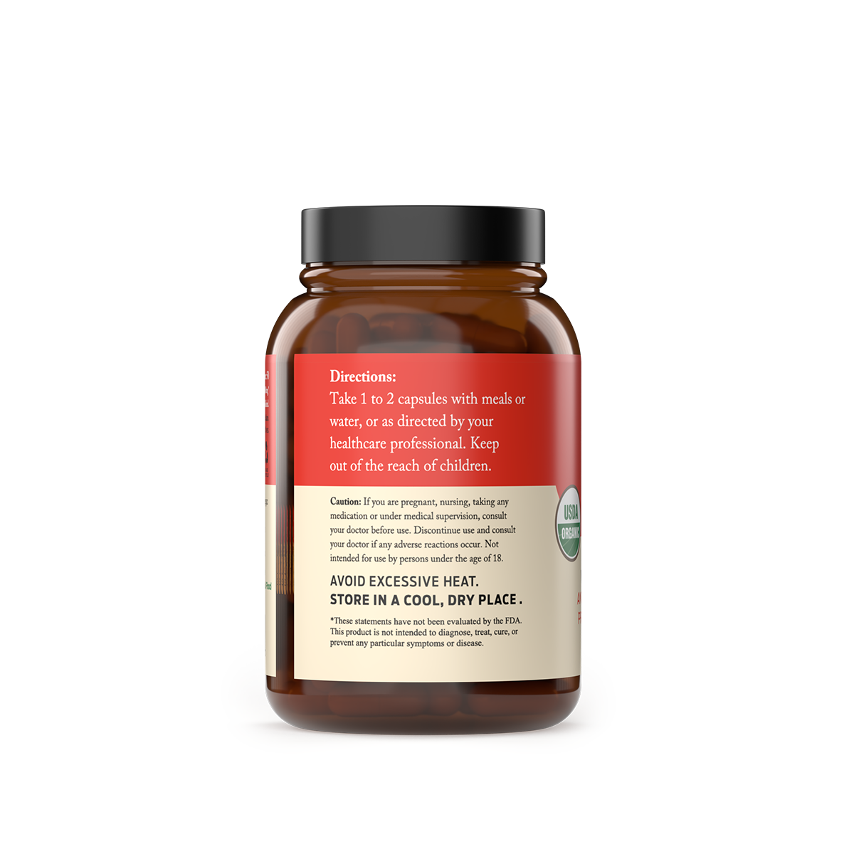A brown CNPUSA Organic Apple Cider Vinegar Capsules bottle with a red label instructs taking 1–2 capsules with meals or water. This Non-GMO product should be kept away from children; further storage and caution notes appear below.