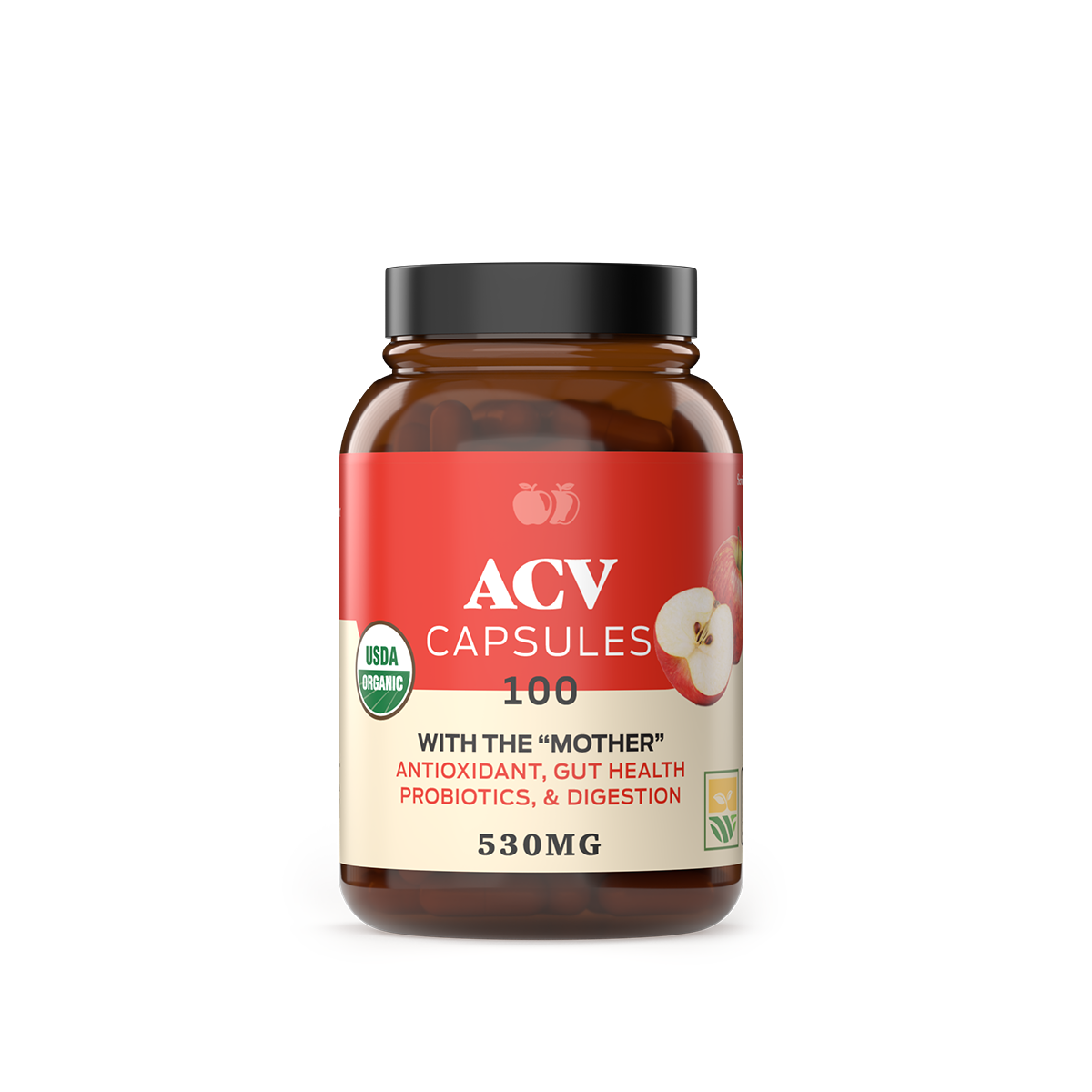 A brown bottle of CNPUSA Organic Apple Cider Vinegar Capsules features red and white accents, USDA Organic, Non-GMO, With the Mother, 530mg raw powder per capsule, and apple images on the label.