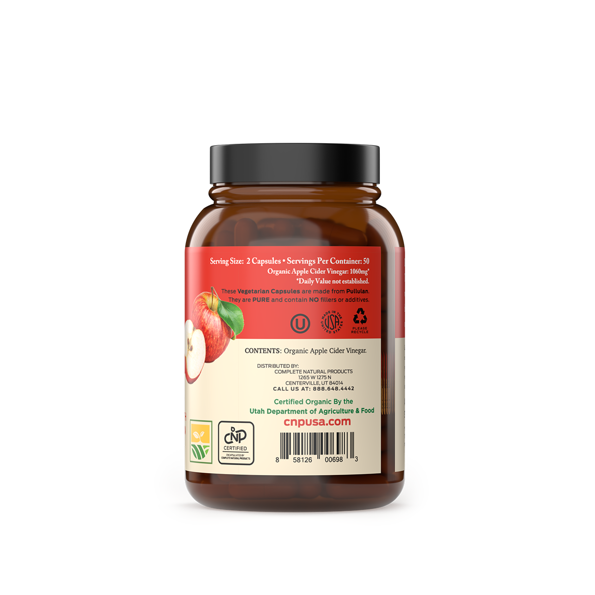 The CNPUSA Organic Apple Cider Vinegar Capsules come in a brown plastic bottle with a black lid. The label displays apples, supplement facts, certifications, and distributor details from Utah. The capsules are Non-GMO and raw.