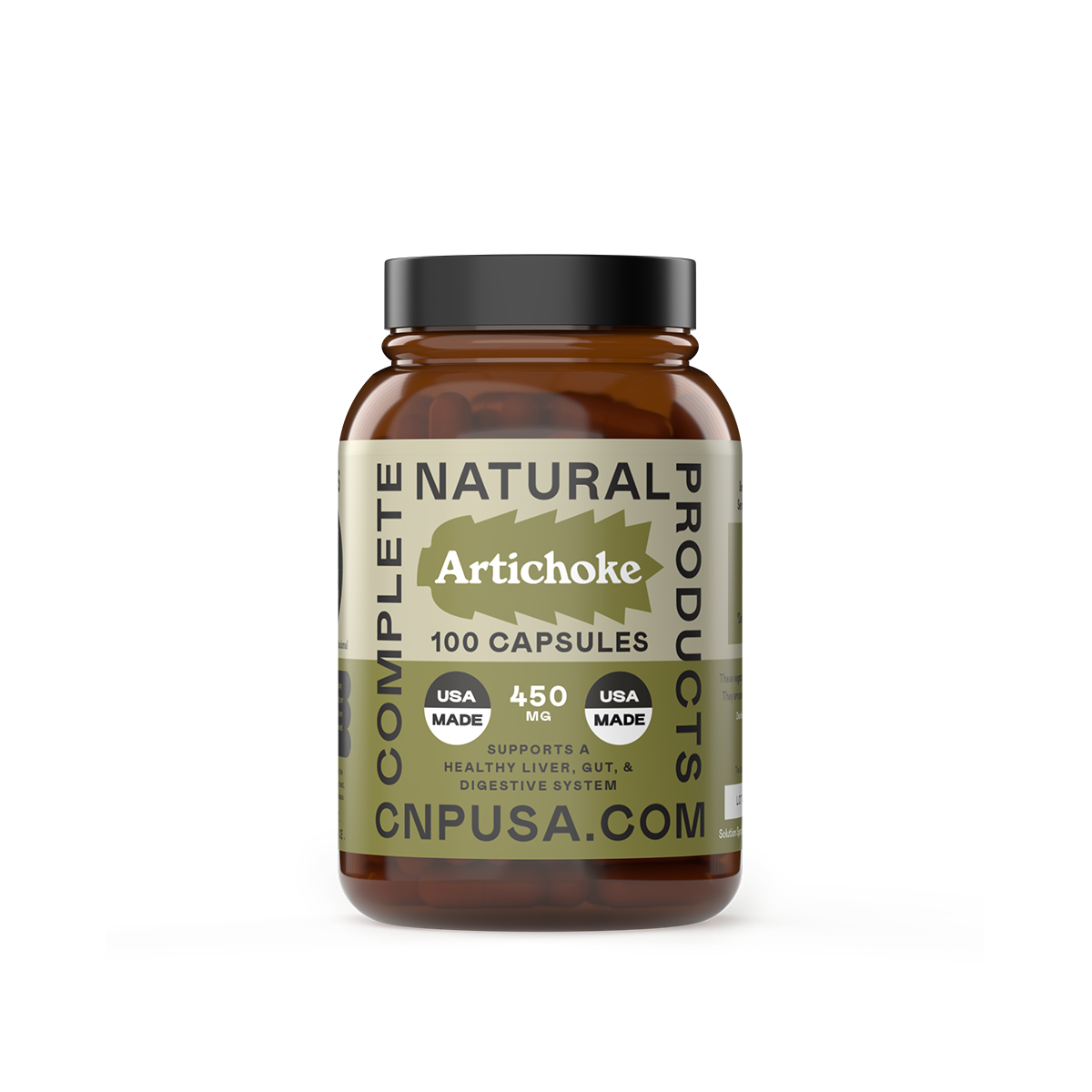 A brown bottle labeled Artichoke Capsules by CNPUSA contains 100 capsules (450 mg each). The label highlights support for liver, gut, and digestive health and states its made in the USA.