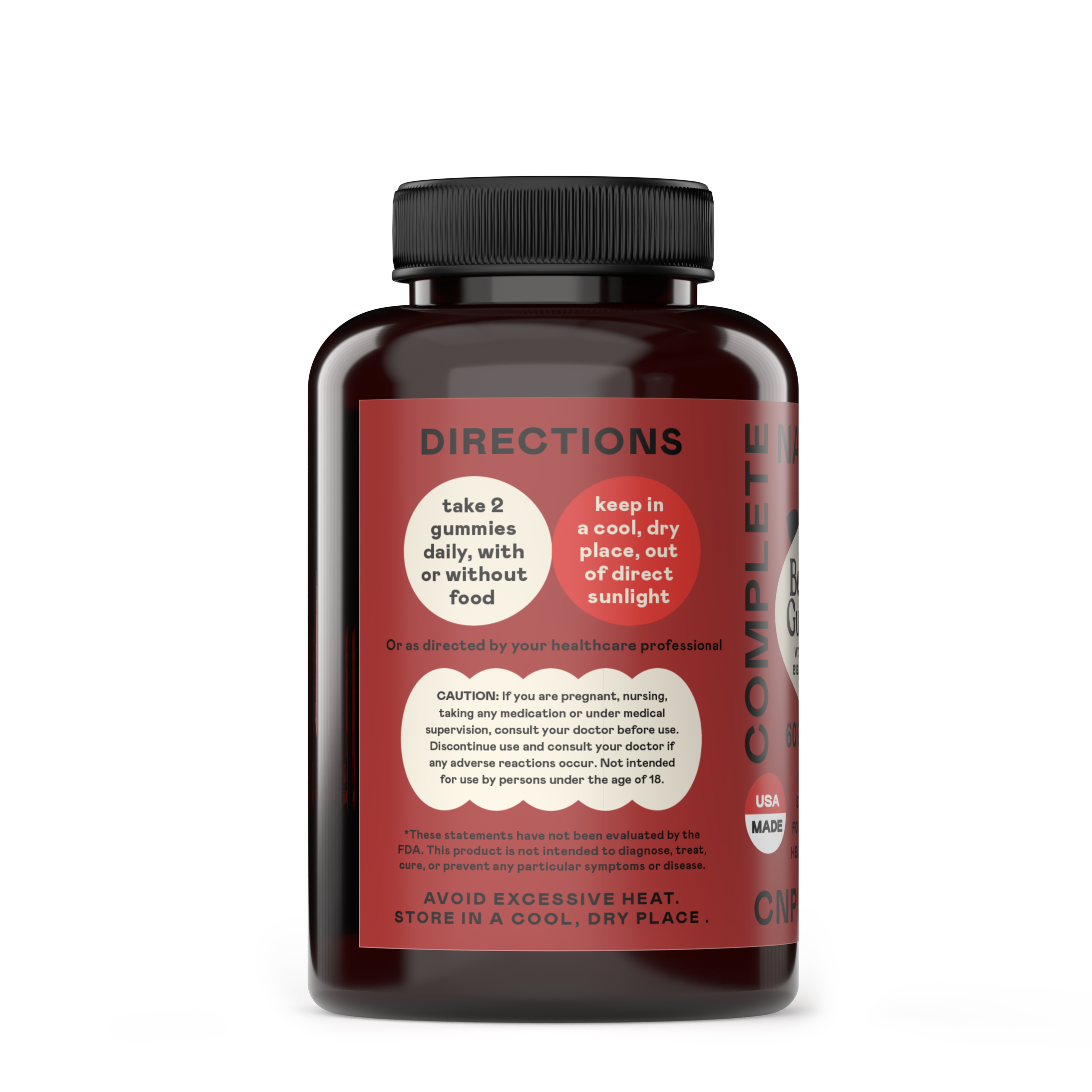 A dark bottle labeled CNPUSA Beetroot Gummies with directions: Take 2 gummies daily, with or without food. Store in a cool, dry place away from sunlight. Contains superfood beetroot and Vitamin B12 for daily wellness.