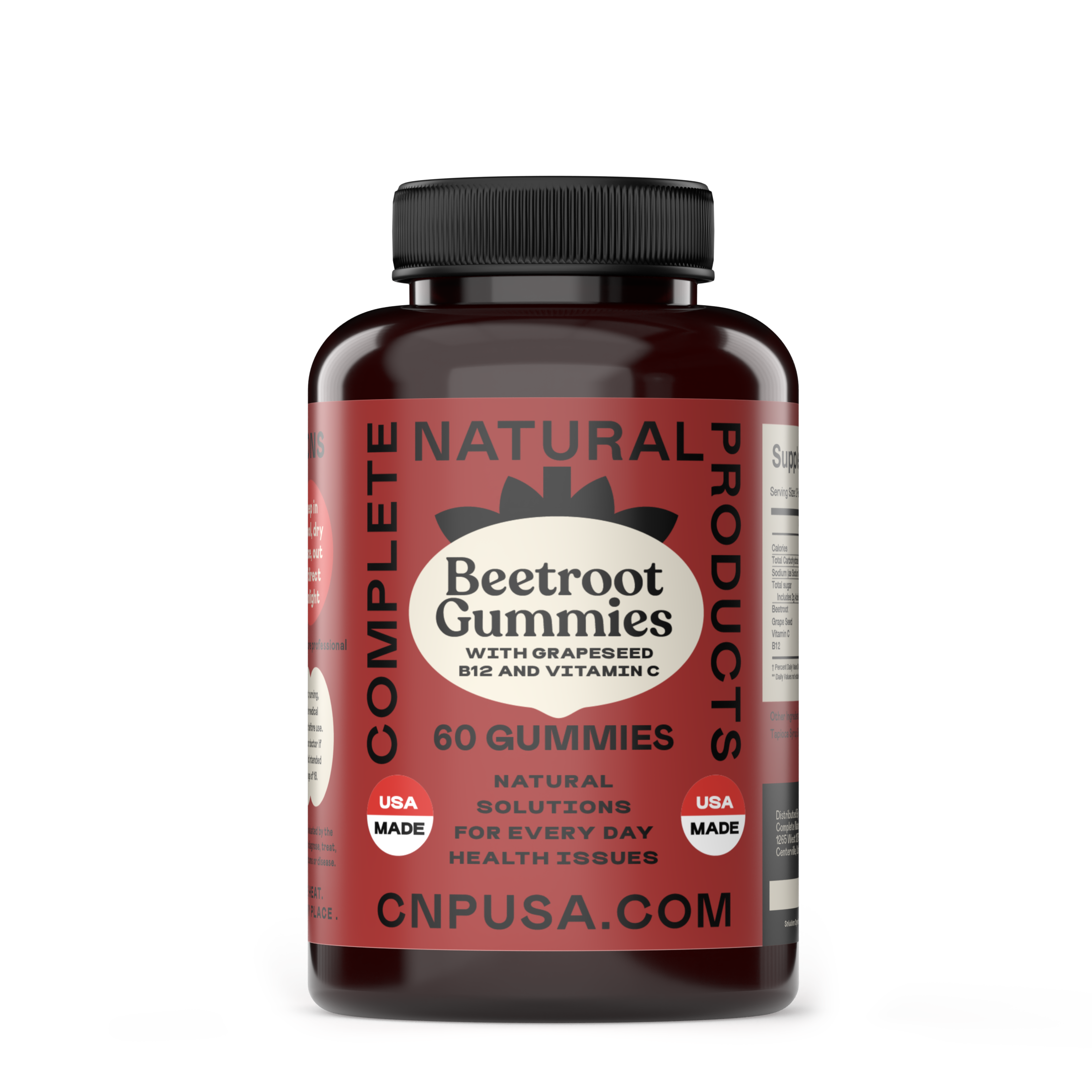 A dark bottle of CNPUSA Beetroot Gummies features 60 USA-made gummies with superfood beetroot, grapeseed, Vitamin B12, and Vitamin C. It promotes natural health, with red and white labels and a black cap.