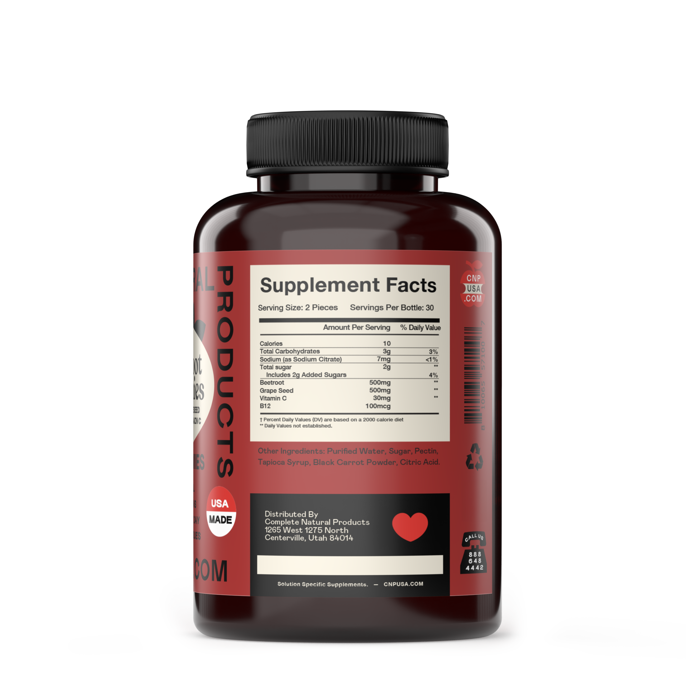 A dark red Beetroot Gummies supplement bottle by CNPUSA with a black cap is shown. The label features Supplement Facts, Vitamin B12 info, a QR code, USA-made logo, and states it contains 60 pieces and is distributed by Clearly Natural Products.