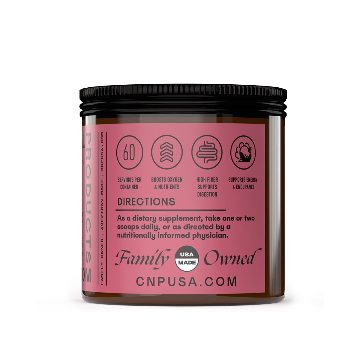 A jar of CNPUSA Organic Beet Root Powder with a pink label features supplement directions, natural nutrients for oxygen, digestion, and energy support; highlights Family Owned, USA Made, sustainable farming, and CNPUSA.com.