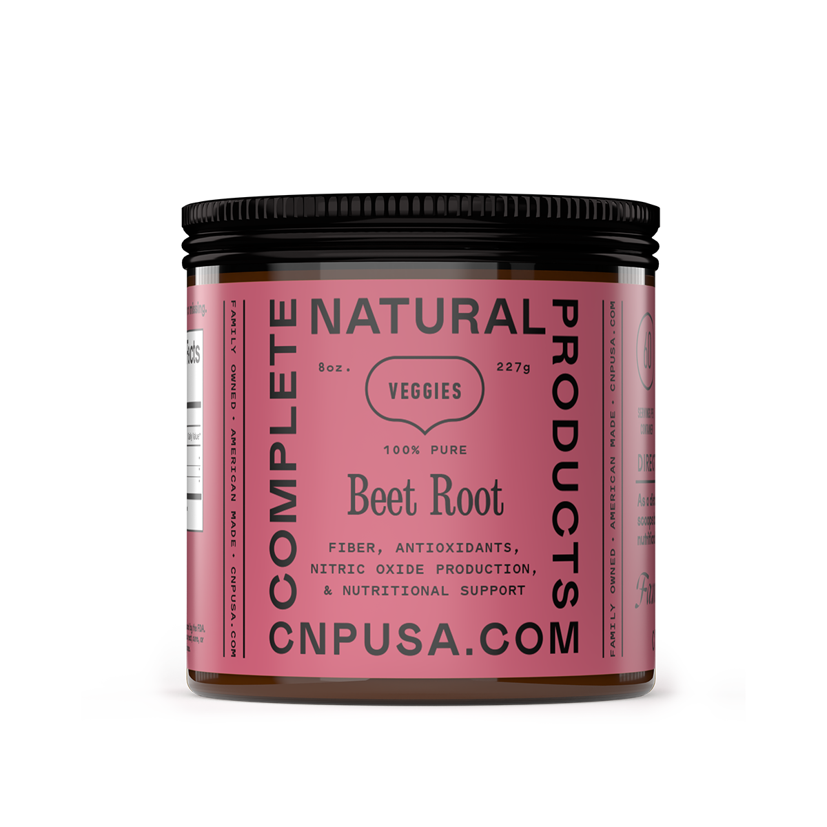 A jar labeled CNPUSA Organic Beet Root Powder with a pink label highlights fiber, antioxidants, nitric oxide support, and natural nutrients. Nutritional support information is provided, with cnpusa.com shown at the bottom.