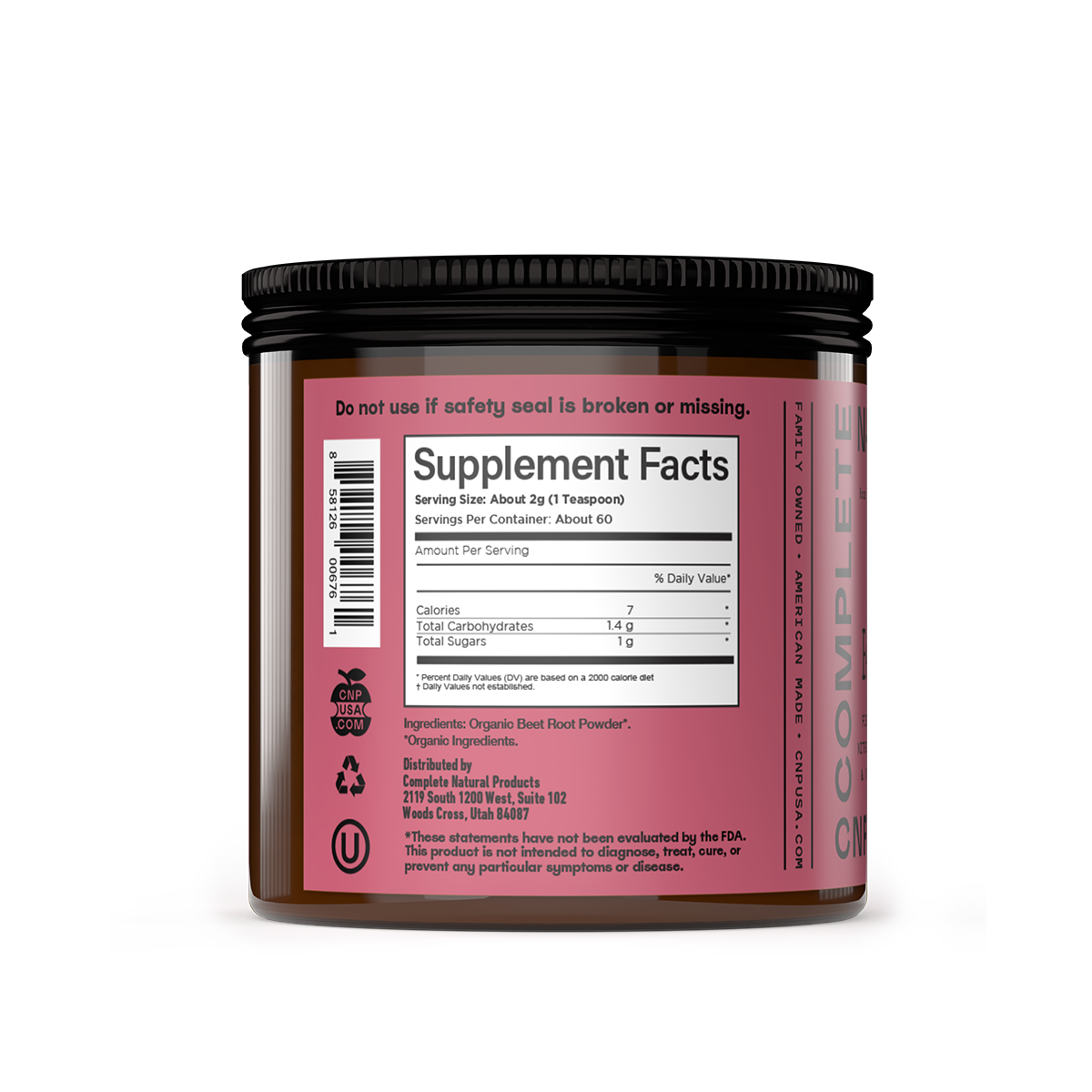 A jar of CNPUSA Organic Beet Root Powder supplement features a label with supplement facts, natural nutrients, warnings, a safety seal warning, and a barcode on the left side.