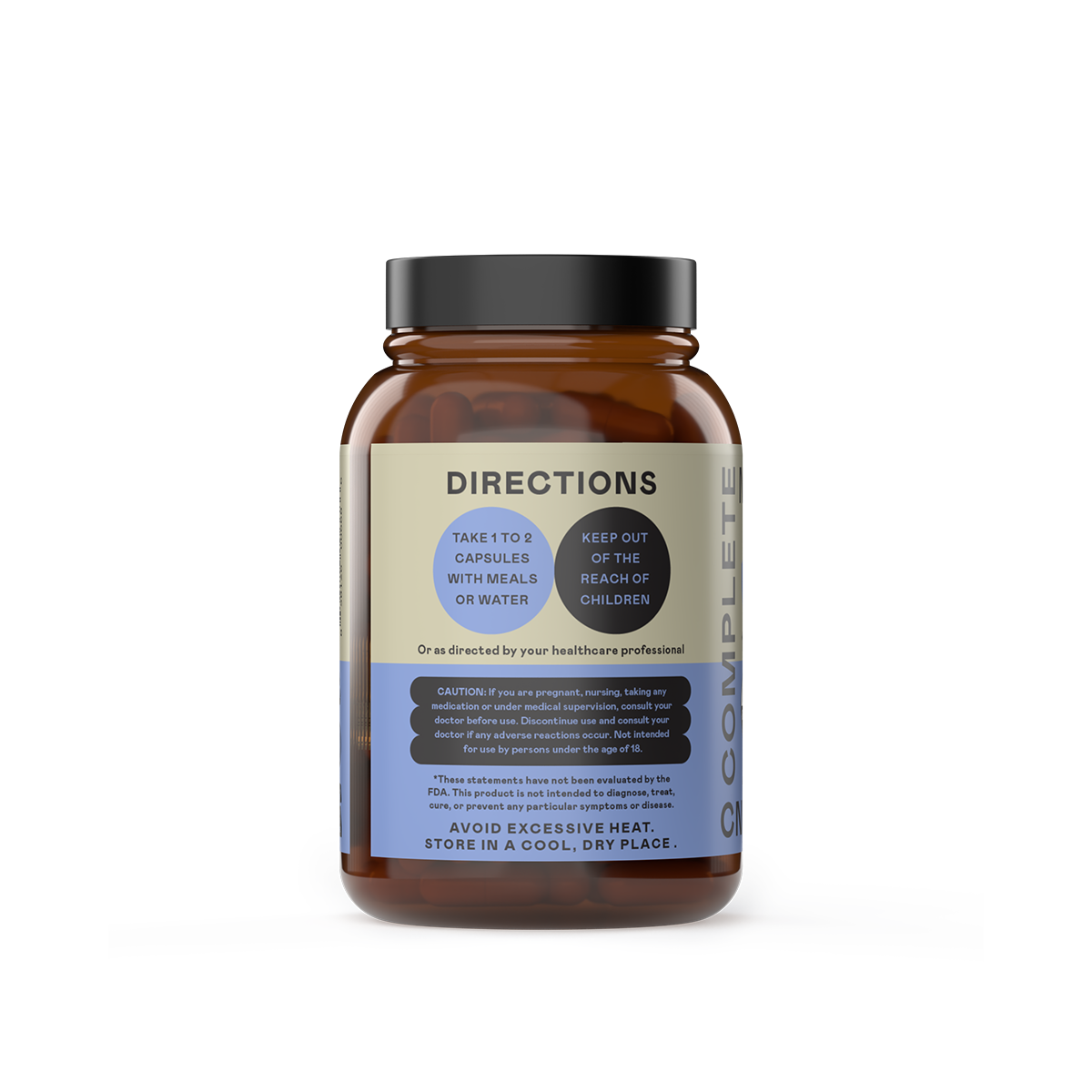 A brown bottle with a black lid labeled CNPUSA Organic Stress Balance & Calming Capsules. Label includes directions (take 1–2 capsules with meals or water), stress support tips, storage advice, and a warning to keep out of childrens reach.