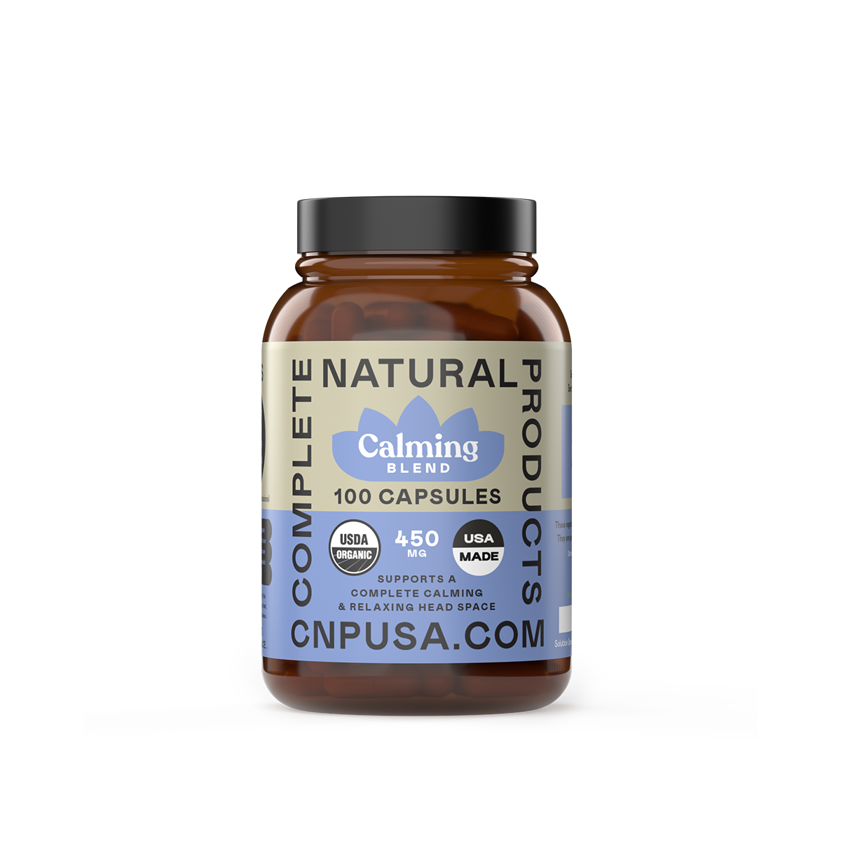 A brown bottle labeled CNPUSA Organic Stress Balance & Calming Capsules contains 100 capsules (450 mg each). Made in the USA with natural stress-support ingredients, the label features CNPUSA.COM.