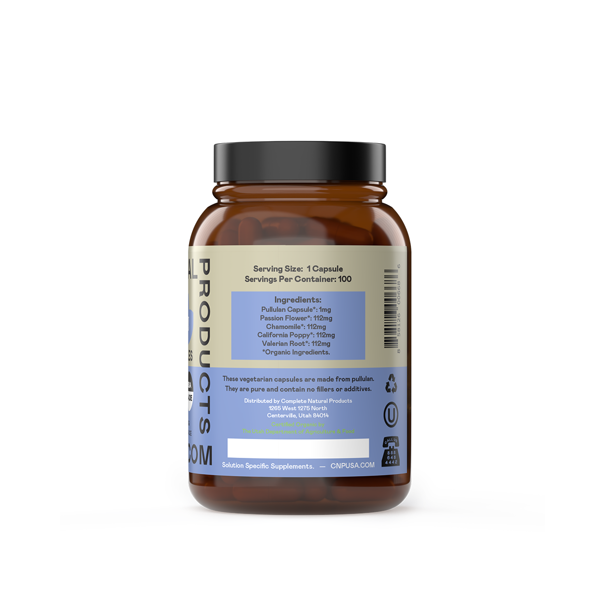 A brown CNPUSA bottle with a black lid and light blue label holds Organic Stress Balance & Calming Capsules for stress support. Label details include natural ingredients, vitamins, and distribution info at the bottom.