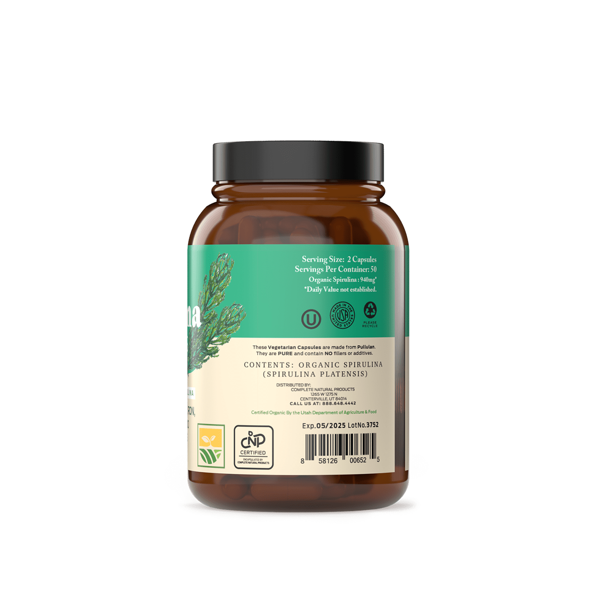A plastic bottle of CNPUSA Organic Spirulina Capsules with a green label displays supplement facts, amino acids content, organic certification logos, barcode, expiry date, and a spirulina algae illustration.
