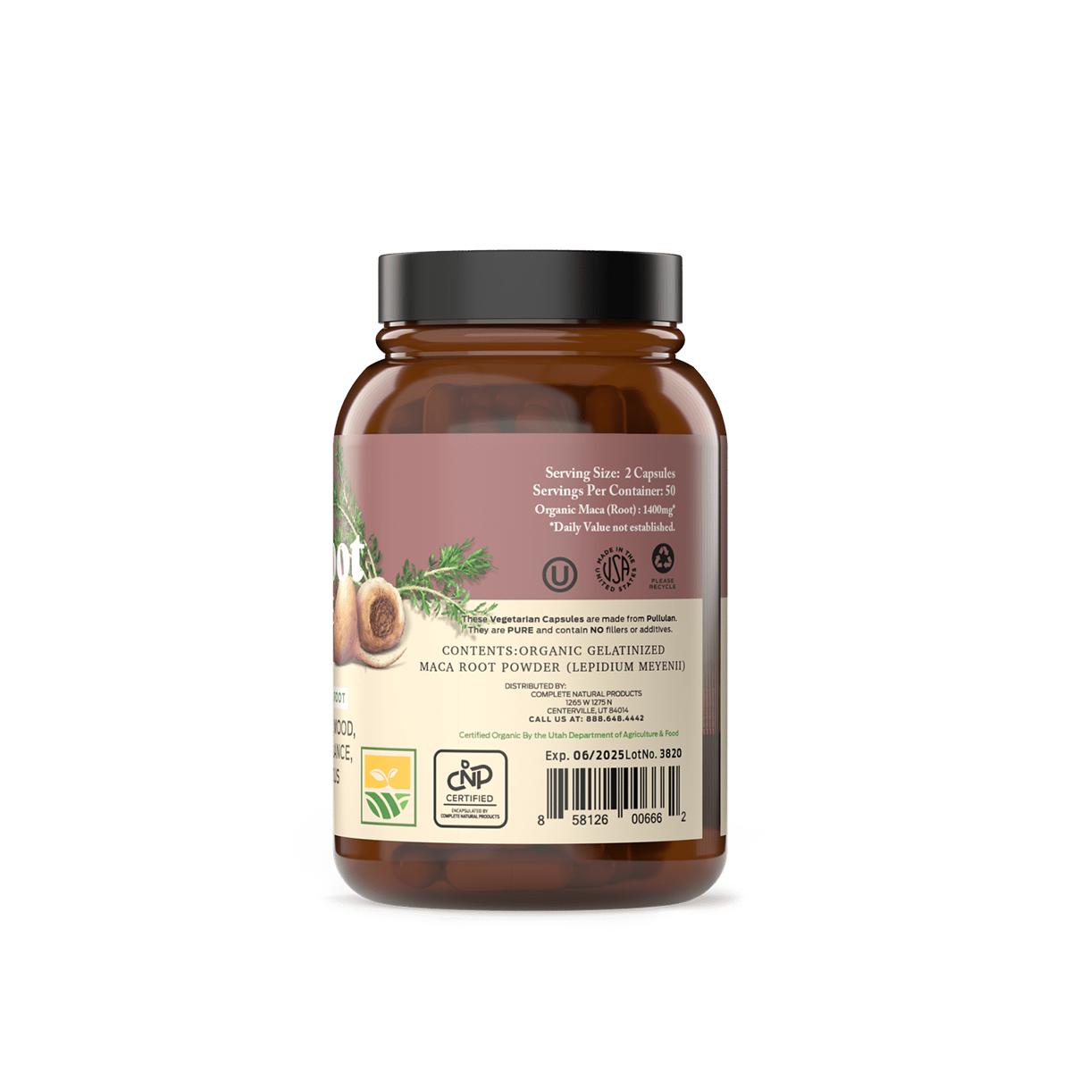A brown plastic bottle labeled CNPUSA Organic Maca Root Capsules, featuring supplement facts, certification logos, a barcode, and a non-GMO seal. Rich in plant-based nutrients and superfood benefits, set against a white background.