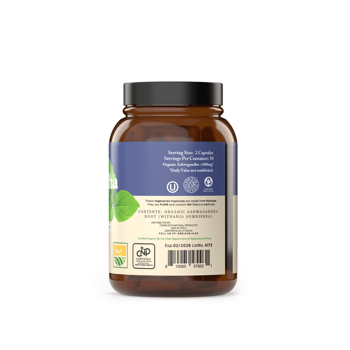 A brown CNPUSA Organic Ashwagandha Capsules bottle with a black lid and blue label shows serving size, certification logos, ingredients (Withania somnifera), barcode, and expiration date against a plain background.
