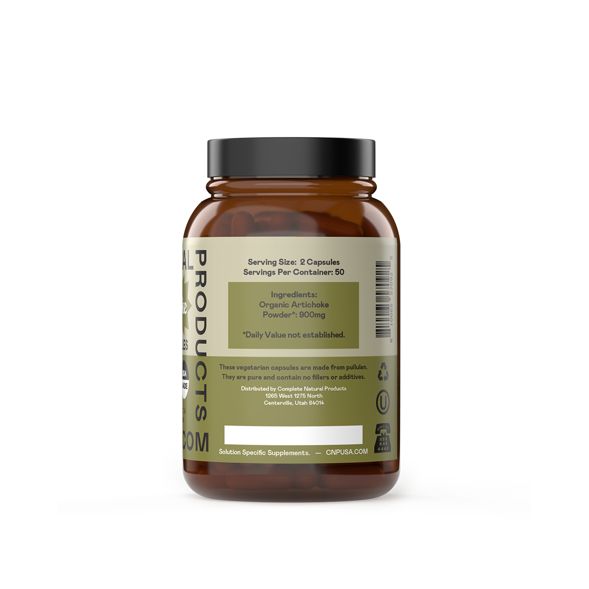 A brown CNPUSA Artichoke Capsules supplement bottle with a black cap and light green label displays ingredients, serving size, and symbols, highlighting its organic formula designed to support liver health.