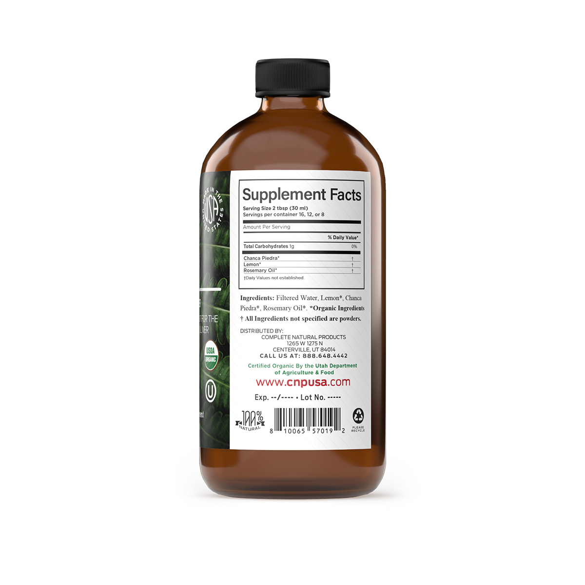 A brown bottle with a white label displays CNPUSA Chanca Piedra Concentrate, supplement facts, and ingredients like filtered water, lemon, and clove. The label highlights it as a natural extract and features certification logos plus a barcode below.