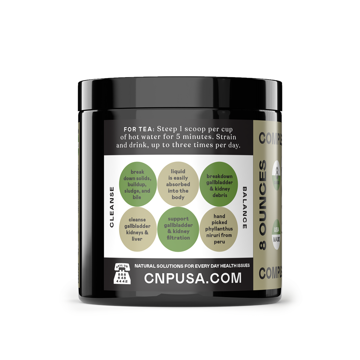 A black jar of Organic Chanca Piedra Powder by CNPUSA features a label with tea instructions and health benefits for gallbladder, kidneys, liver support, inflammation relief, and debris breakdown. Website: CNPUSA.COM.