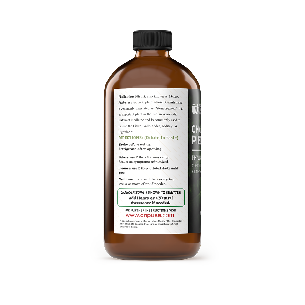 A brown bottle with a white label shows usage instructions, ingredients, and a Do not refrigerate warning. The Chanca Piedra Concentrate by CNPUSA also includes a website for more info: www.cnpusa.com.