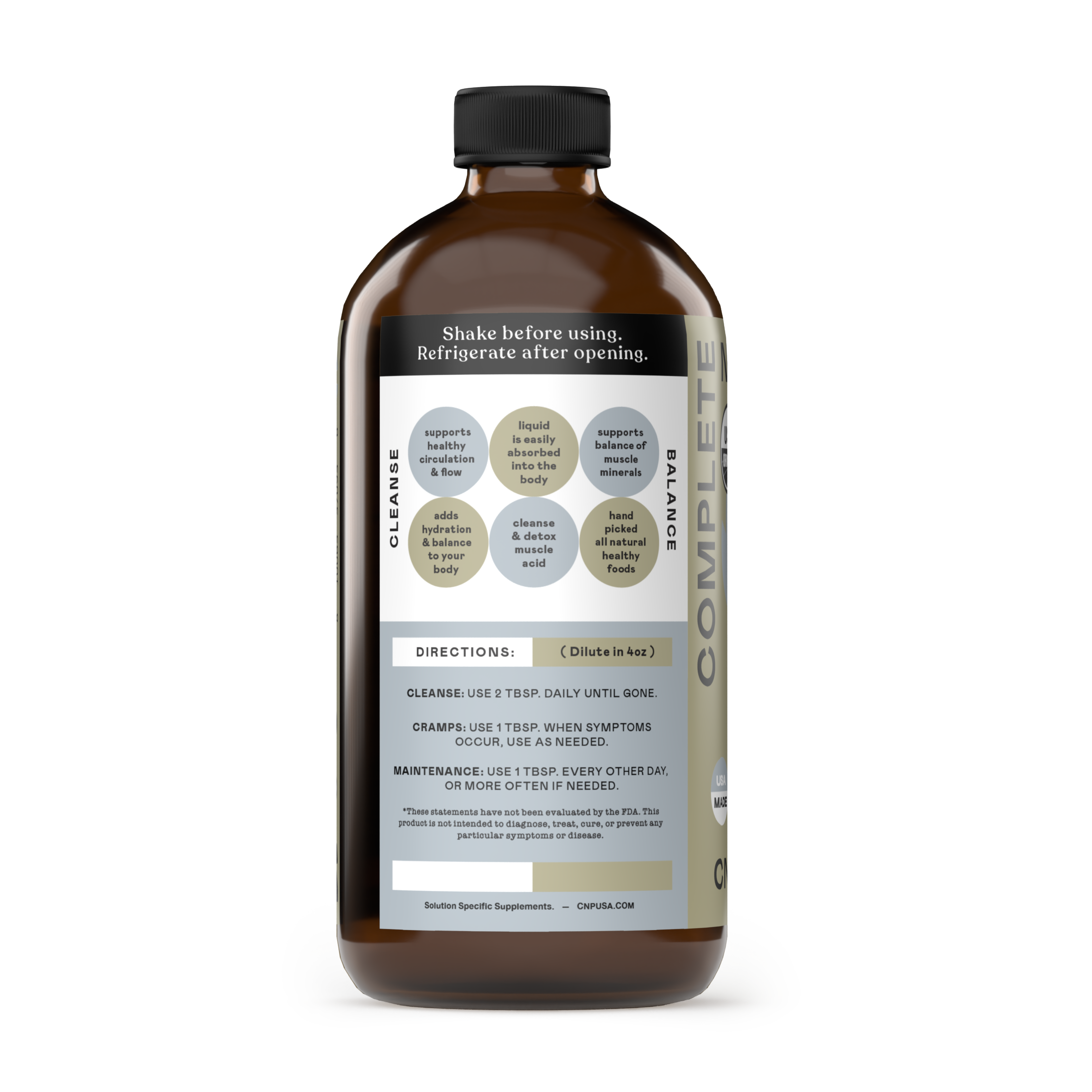 A 16oz brown glass bottle labeled Cramp Complete by CNPUSA features a gray and beige label with benefits like digestive support and electrolyte restoration. Instructions include shake before use, refrigerate after opening, and follow usage directions.