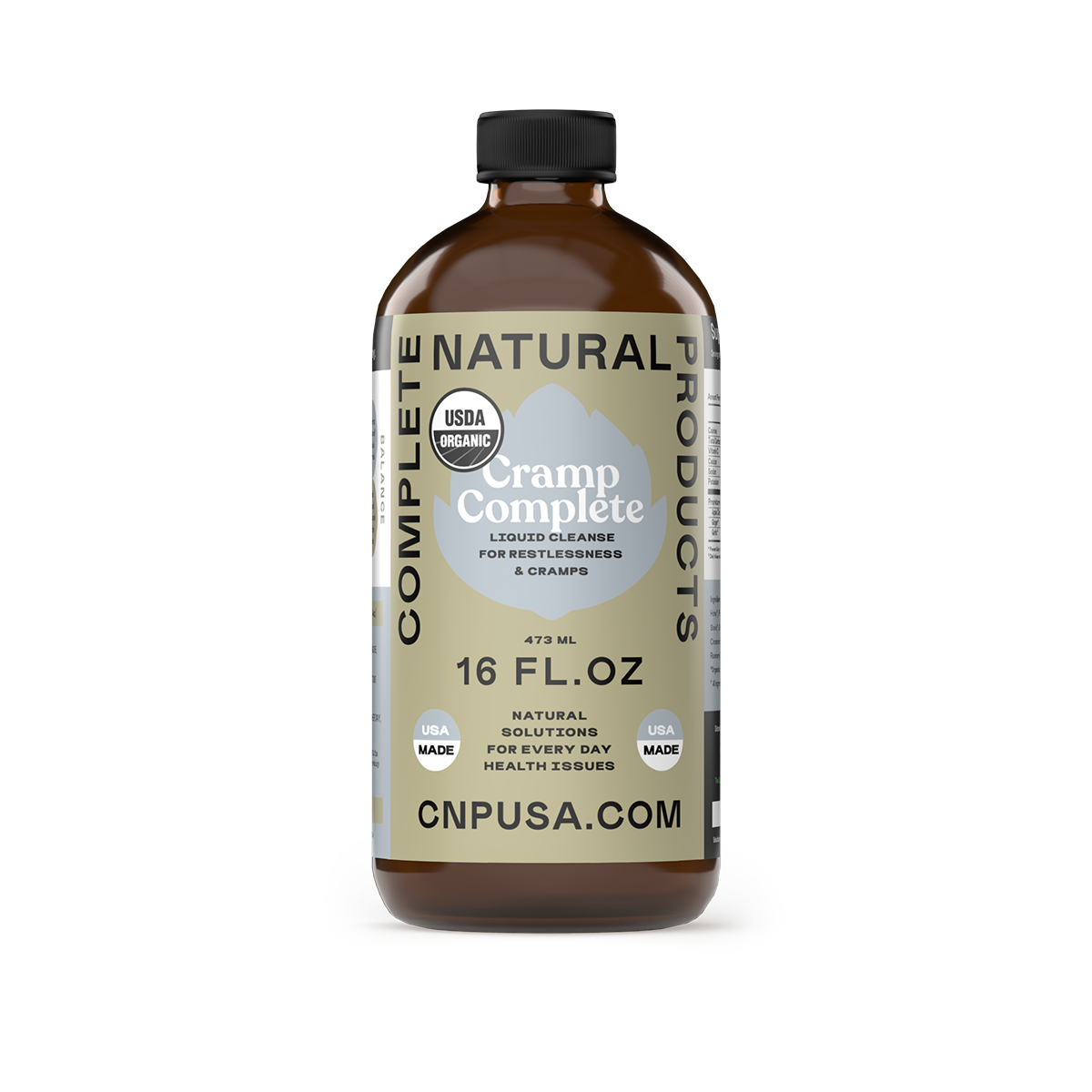 A 16oz glass bottle of Cramp Complete by CNPUSA, labeled for restlessness & leg cramps, features the USDA Organic seal—a natural solution for muscle cramping and everyday health support.