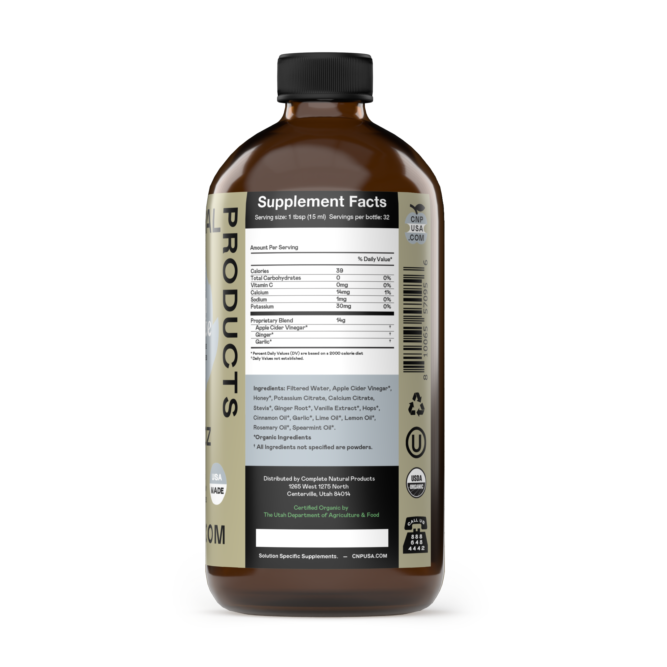 The CNPUSA Cramp Complete 16oz glass bottle features a white label with supplement facts, ingredients, certifications, serving size, daily values, QR codes, and recycling symbols to support electrolyte restoration.