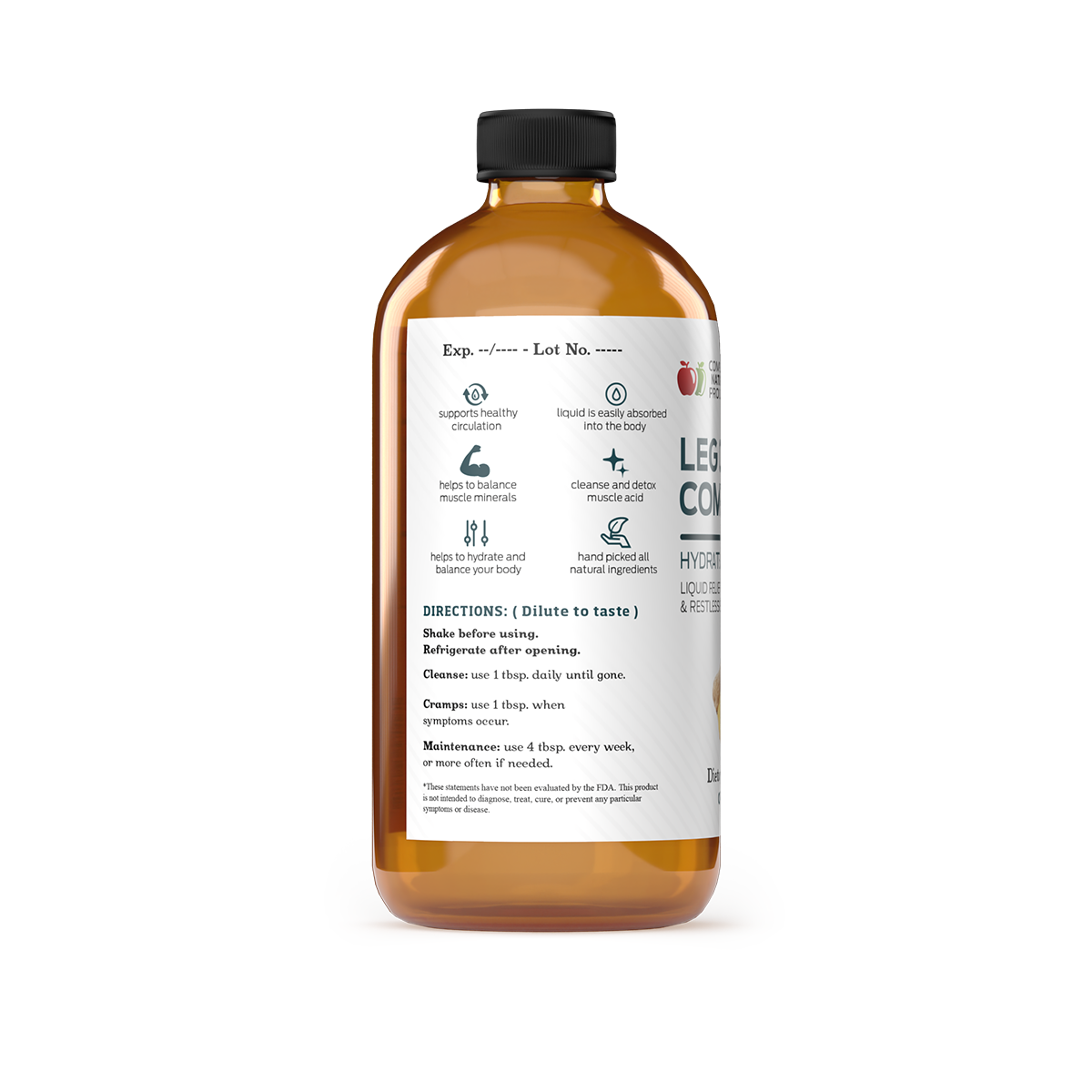 A brown bottle with a black cap and white label featuring directions, product info, hydration and electrolyte icons, and space for expiration/lot numbers contains Leg Cramp Complete by CNPUSA—an amber liquid supporting organic leg cramp relief.