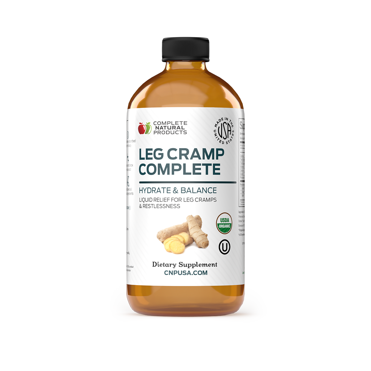 A brown bottle of Leg Cramp Complete by CNPUSA displays ginger and turmeric images. This organic supplement supports hydration and electrolyte balance, with USDA Organic, Kosher, and NSF Certified logos on the label.