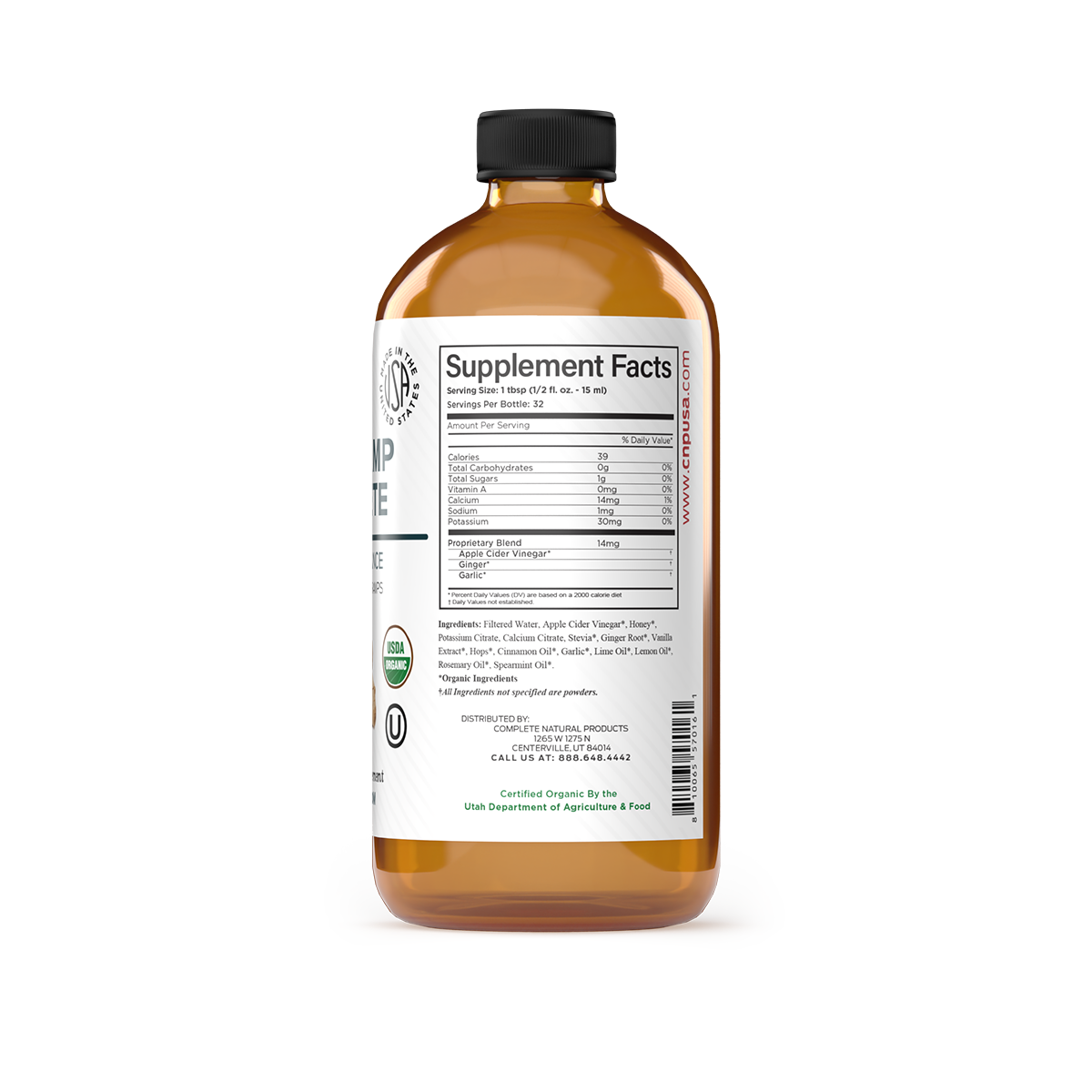 A brown bottle of Leg Cramp Complete by CNPUSA with a white label showing Supplement Facts, ingredients for raw apple cider vinegar, nutrition info, hydration-supporting electrolytes, certifications, and a barcode.