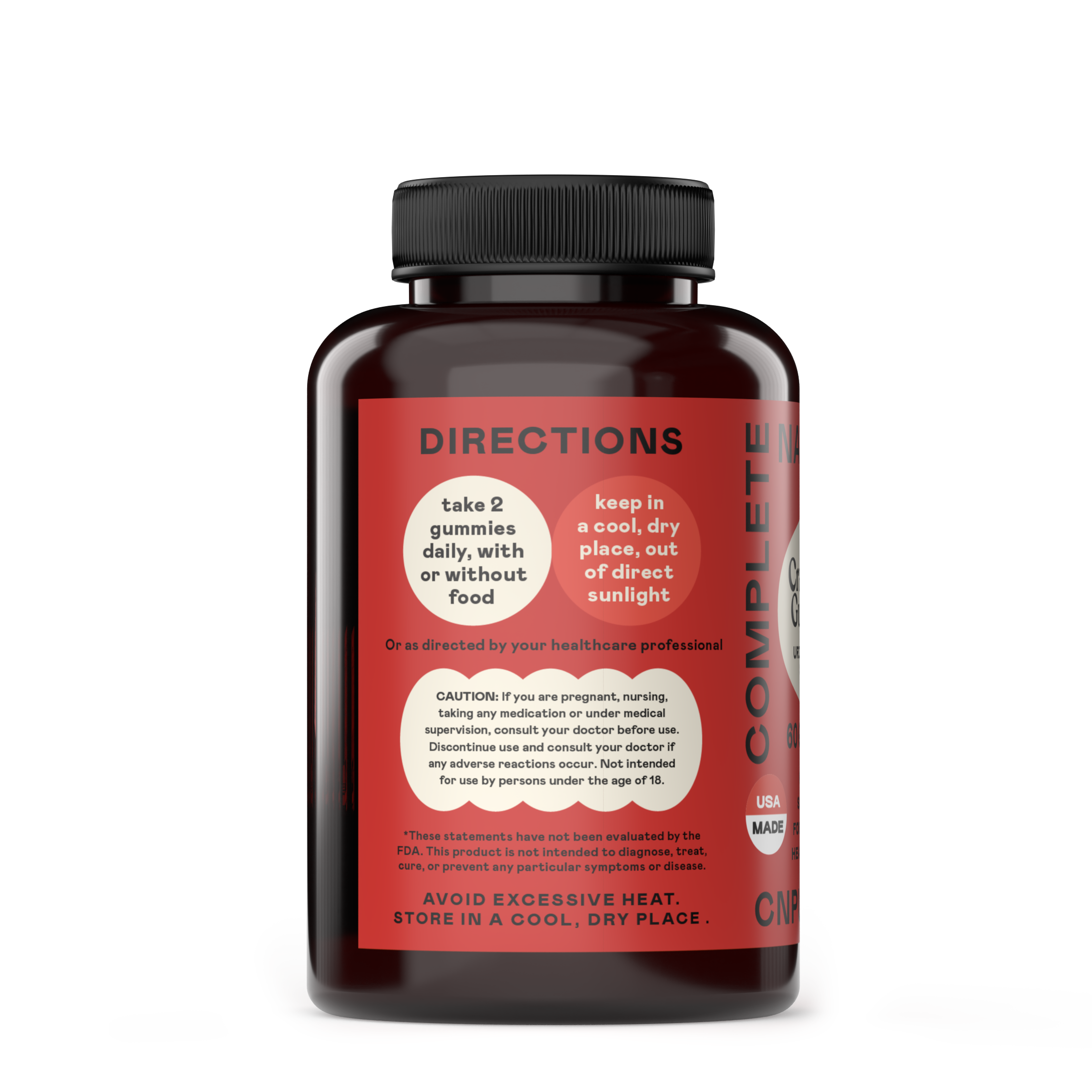 A brown supplement bottle with a black cap features a CNPUSA Cranberry Gummies label, showing directions to take 2 gummies daily for urinary tract health. Caution and storage instructions are also included on the label.