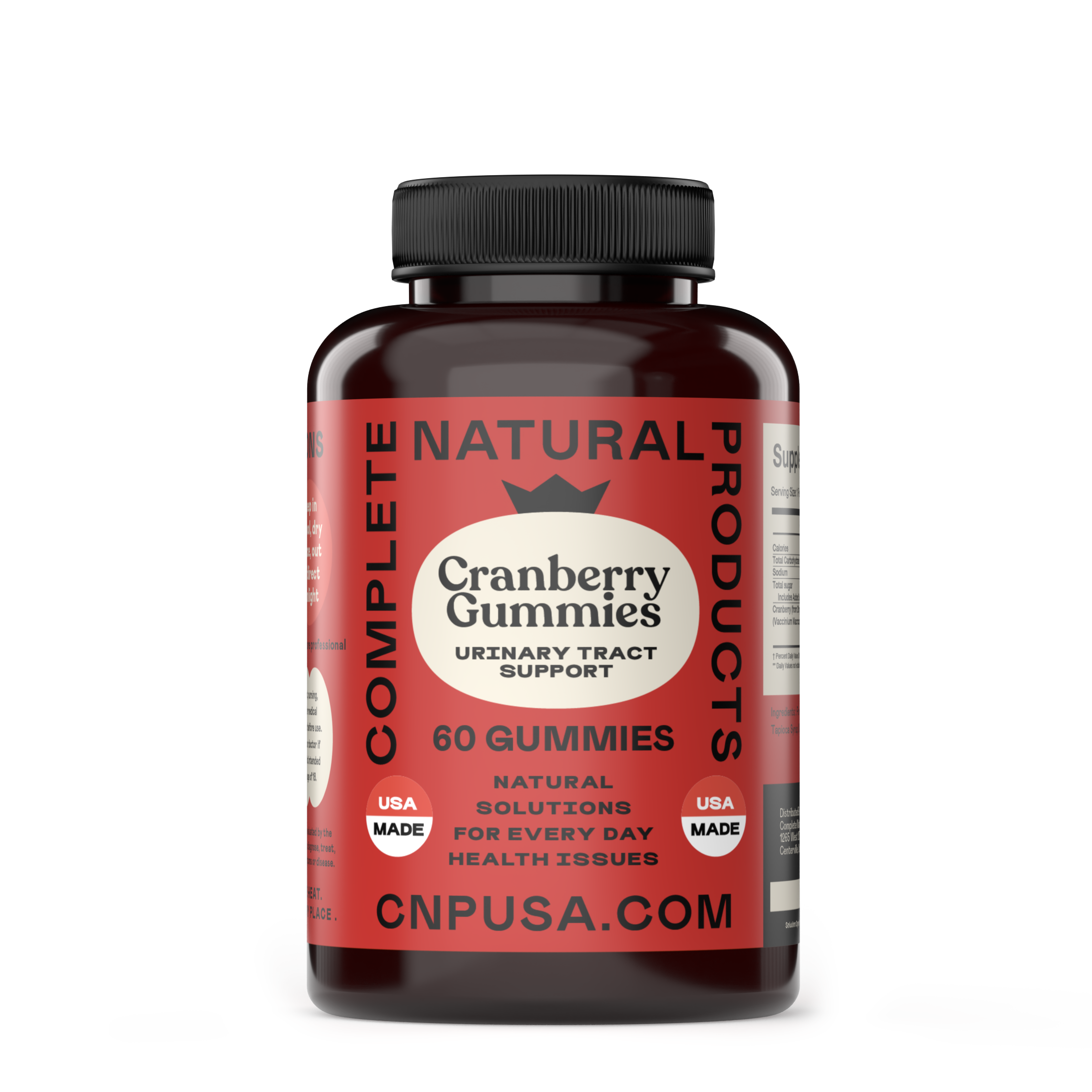 A 60-count bottle of Cranberry Gummies by CNPUSA, featuring a red and black label, supports urinary tract health. The dark bottle highlights the power of cranberries and displays Natural Solutions, USA Made, and CNPUSA.COM.