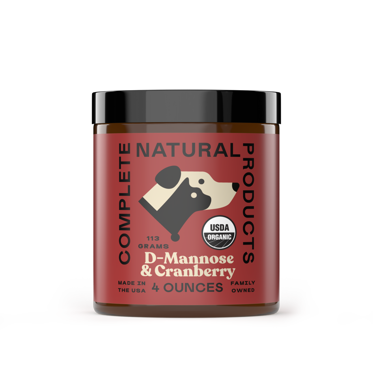 A jar of CNP Pet Organic D-Mannose & Cranberry Powder for Dogs, Cats & Pets, 113g (4oz), features a dog illustration, USDA Organic seal, cranberry powder for UTI prevention. Made in the USA by a family-owned company.