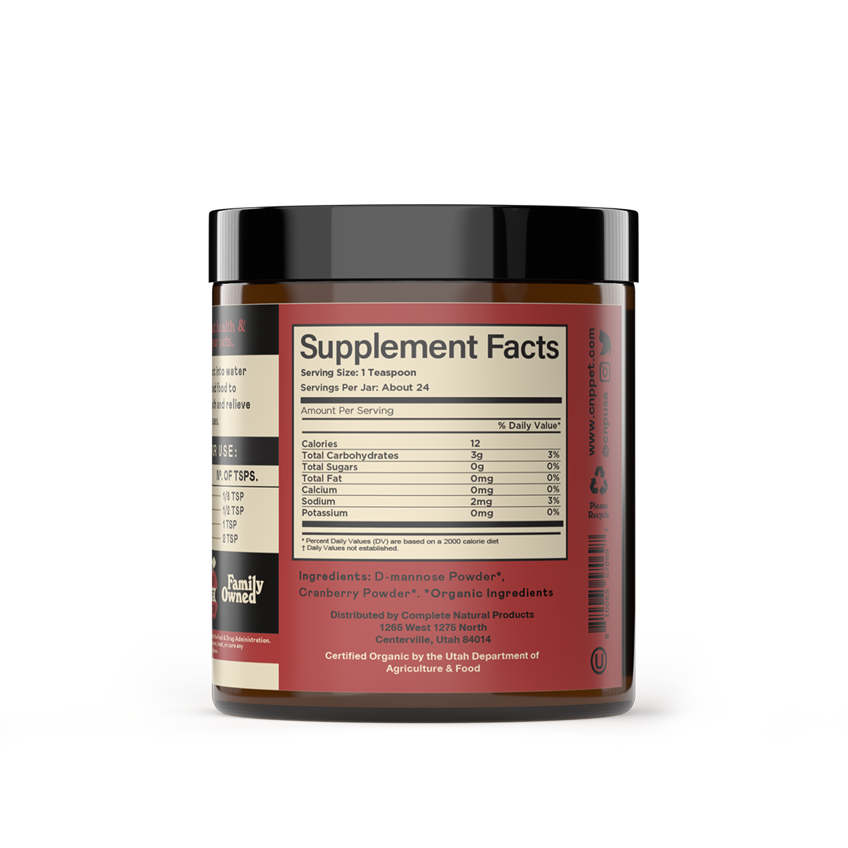 CNP Pet Organic D-Mannose & Cranberry Powder for Dogs, Cats, & Pets comes in a dark jar with a black lid and red and beige accents. The label highlights UTI prevention and shows supplement facts, ingredients, and serving details.