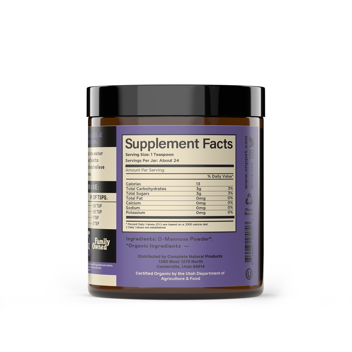 A brown plastic jar with a black lid from CNP Pet displays a white and cream label with Supplement Facts for Organic D-Mannose Powder for Dogs & Cats, detailing nutritional info and serving size.