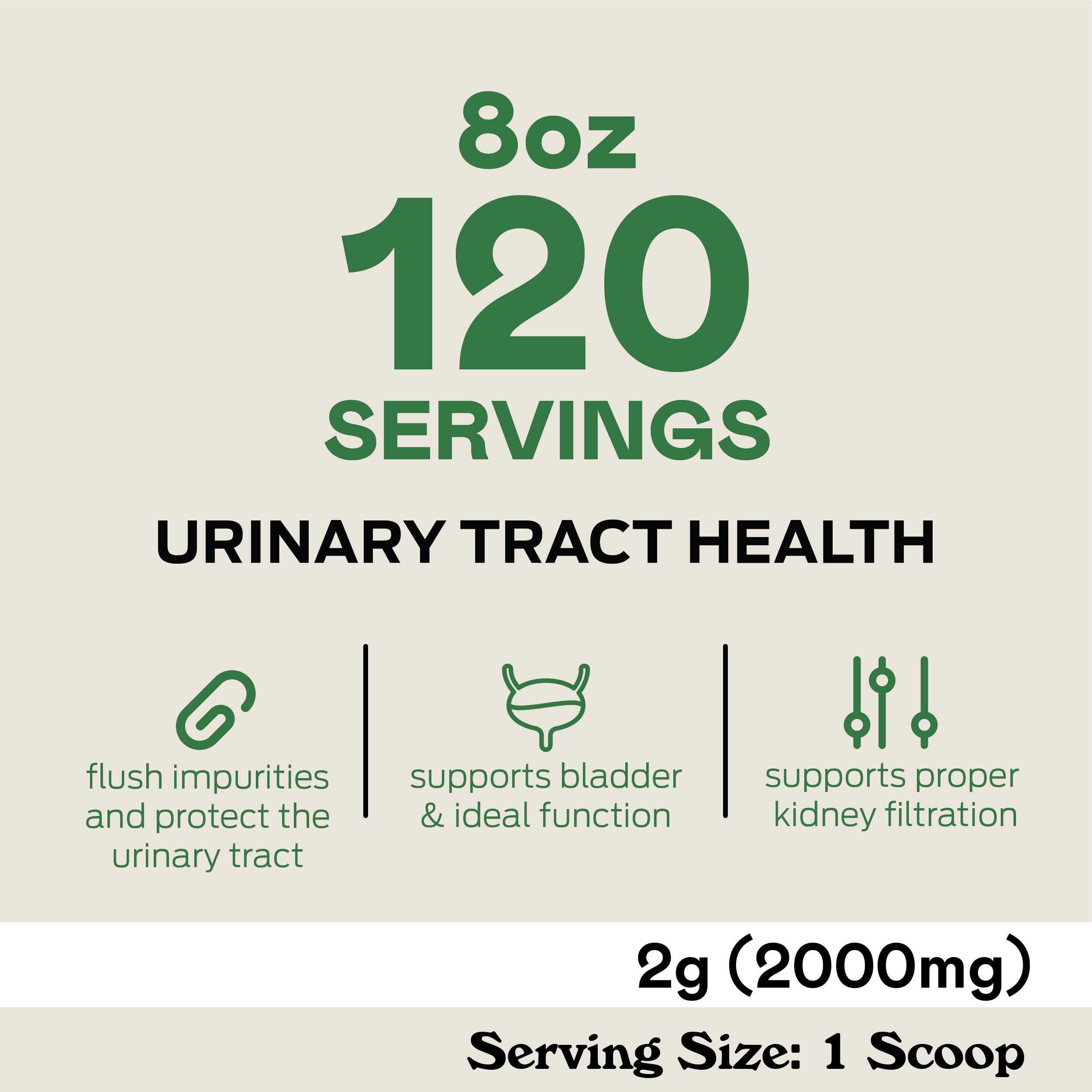 Product label stating 8oz 120 servings, urinary tract health, with icons and text highlighting benefits: flush impurities, support bladder function, and support kidney filtration. Serving size: 2g (1 scoop).