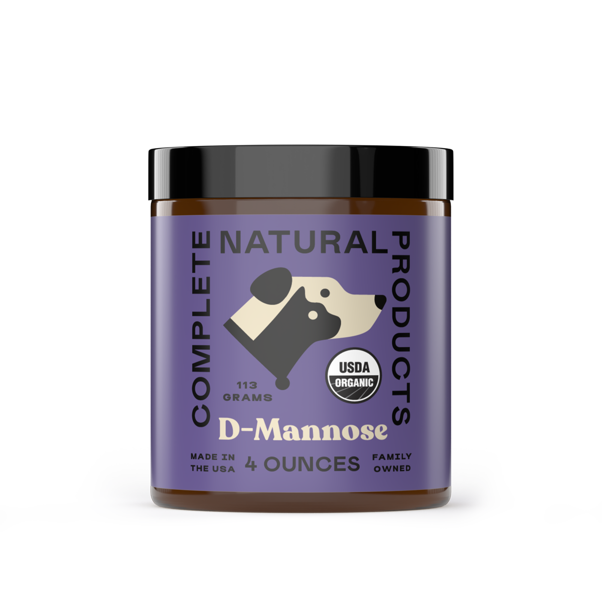 A jar of CNP Pet Organic D-Mannose Powder for Dogs & Cats, with a purple label, dark lid, dog illustration, USDA Organic seal, details: 113g/4oz, made in the USA by a family-owned brand.