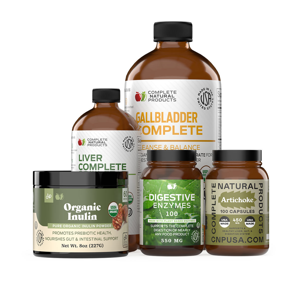The Digestion and Gut Health Bundle by CNPUSA includes Gallbladder Complete, Liver Complete, Digestive Enzymes, Organic Inulin, and Artichoke—for digestive cleanse and gut health support.