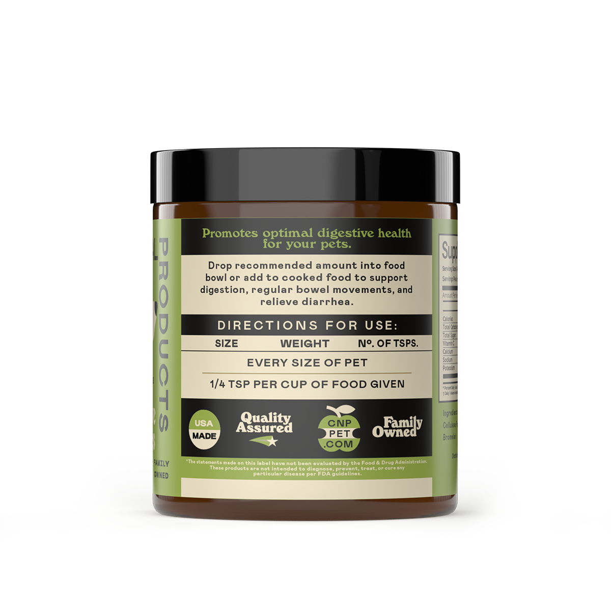 A brown jar of CNP Pet Digestive Enzymes for Dogs and Cats features dosage directions—1/4 tsp per cup of food—to support pet digestion. The label shows quality assurance, family owned, GMP certified icons, and highlights digestive enzymes.