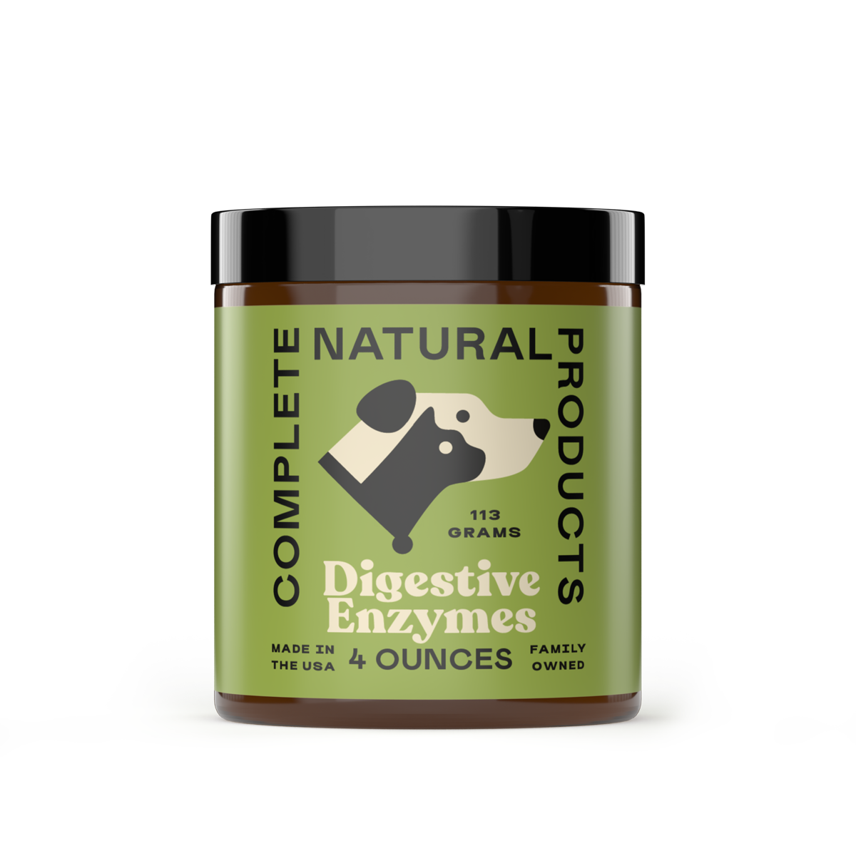 A green jar of CNP Pet Digestive Enzymes for Dogs and Cats, 4oz (113g), made in the USA by a family-owned brand, features a black and white dog graphic and is formulated to support pet digestion.
