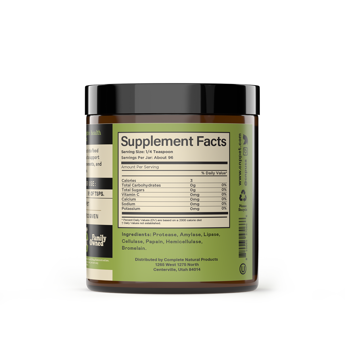 A brown plastic jar labeled Supplement Facts holds CNP Pet Digestive Enzymes for Dogs and Cats, a dietary supplement with nutritional info and ingredients, made by Family Owned in Centerville, Utah.