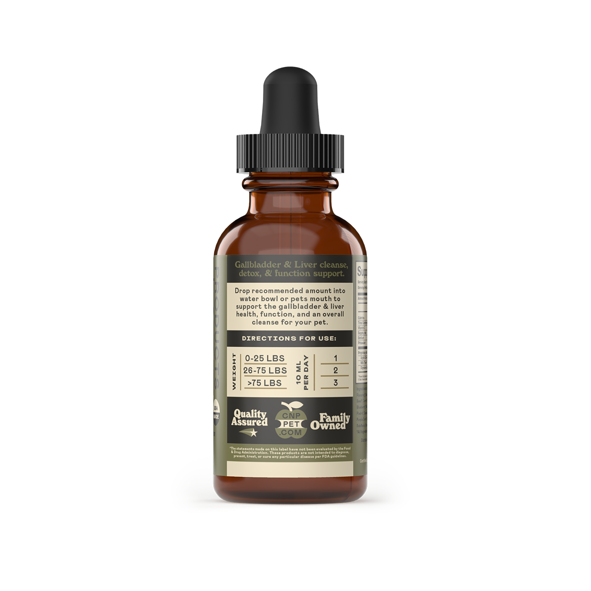 A brown glass dropper bottle labeled CNP Pet Gallbladder & Liver Cleanse features dosage by pet weight, quality and safety icons, and emphasizes an organic formula to support pets gallbladder and liver health.