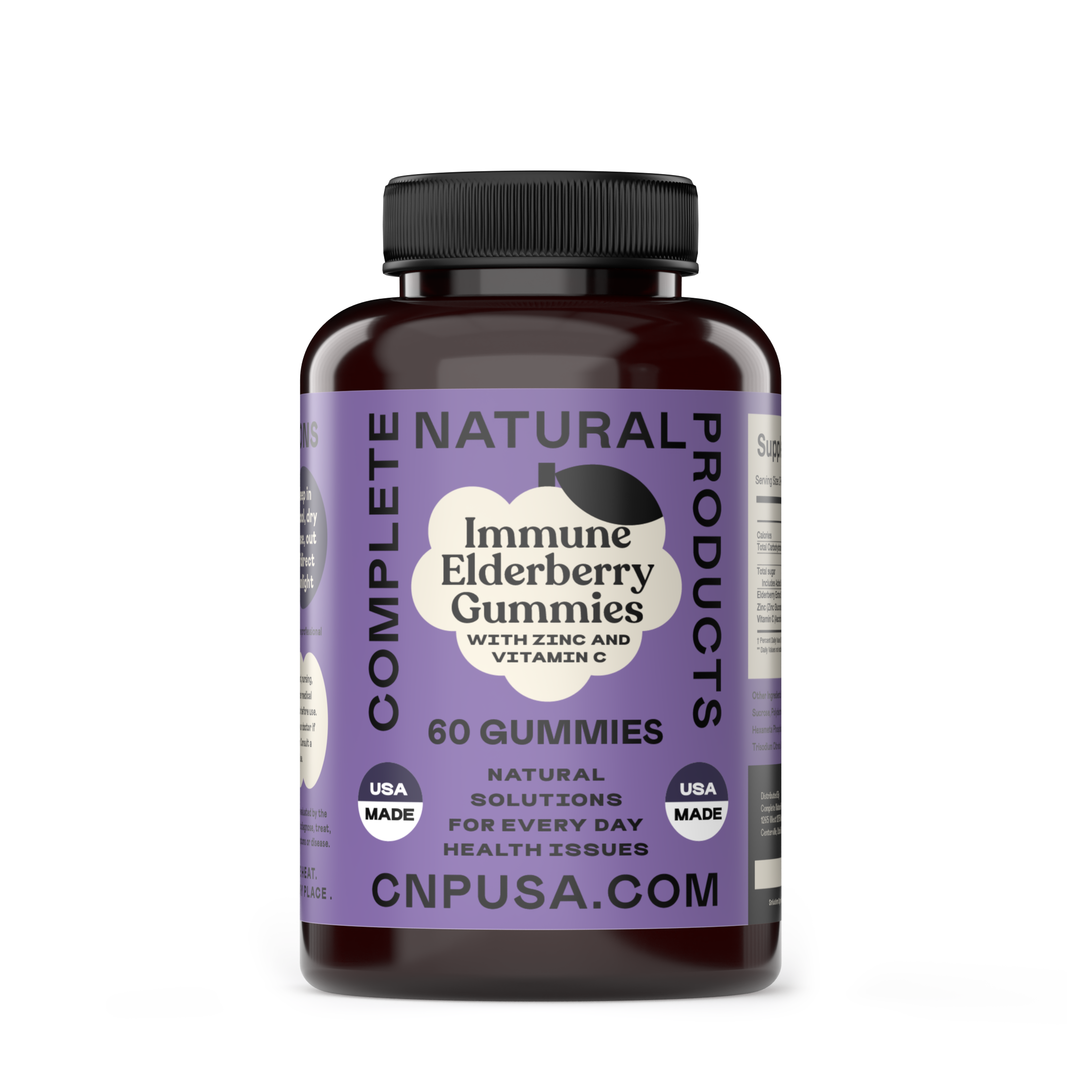 A bottle of Elderberry Gummies by CNPUSA with Zinc and Vitamin C features a purple and black label reading CNPUSA, 60 Gummies, USA Made and the website CNPUSA.COM.