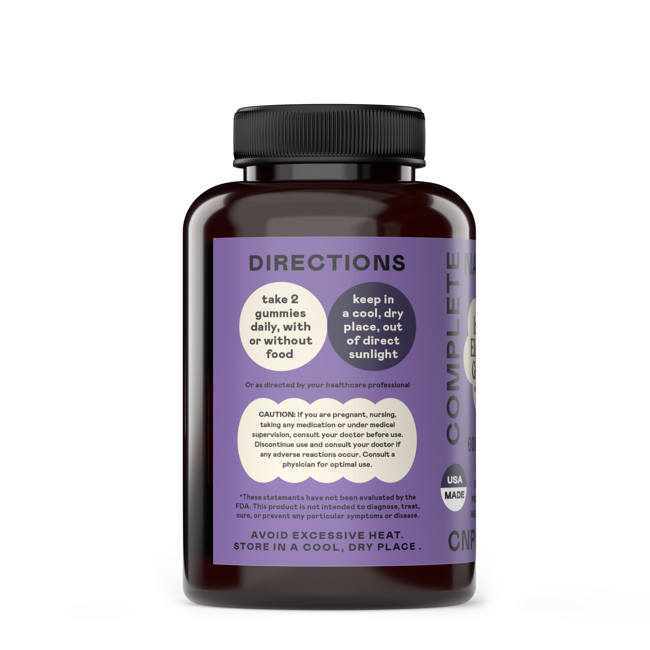 A bottle of CNPUSA Elderberry Gummies with a purple label displays: Take 2 gummies daily, with or without food. Store in a cool, dry place, away from direct sunlight. Additional caution and storage instructions are provided.