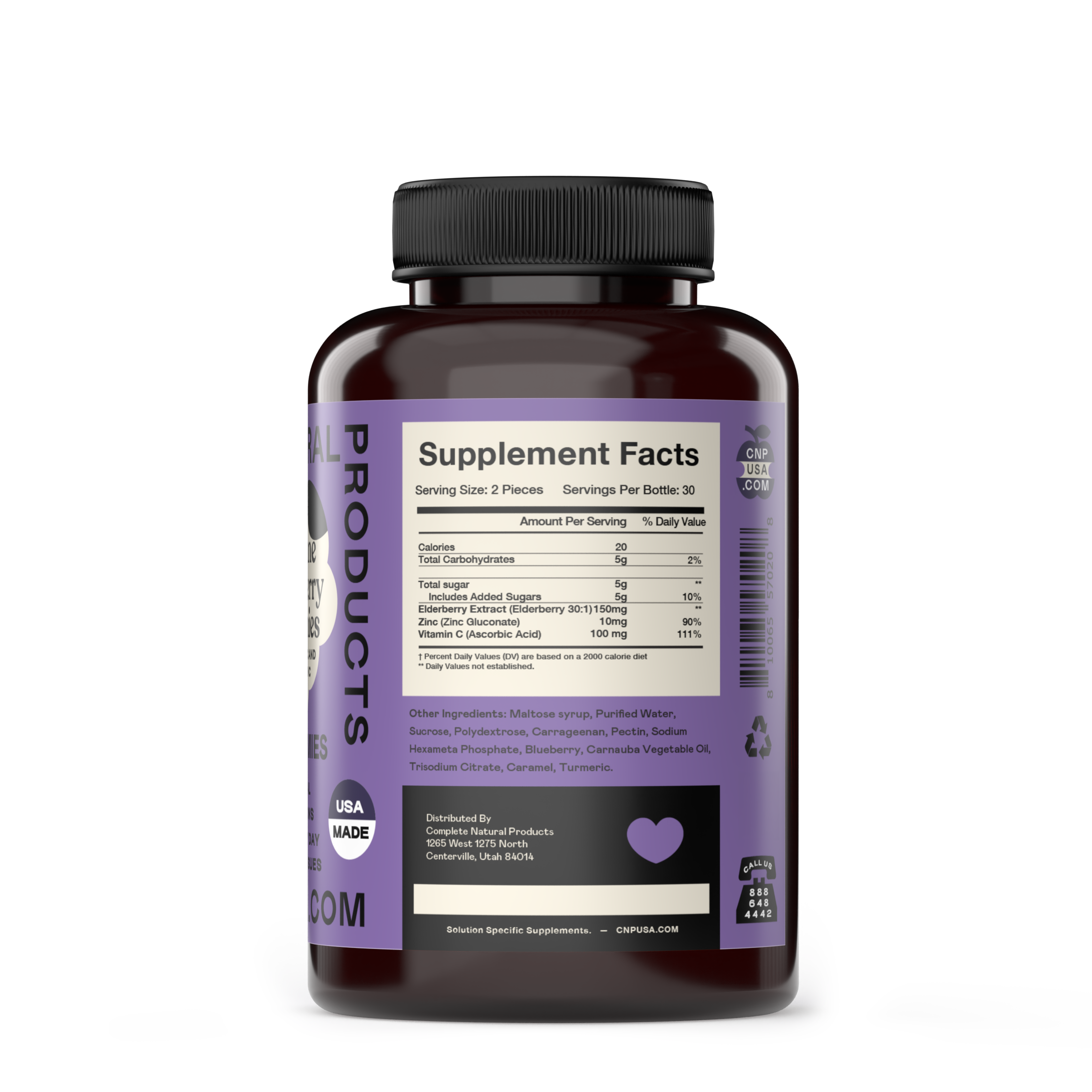 A dark bottle of CNPUSA Elderberry Gummies is shown with a light purple label featuring USA Made and a QR code. The Supplement Facts label displays serving size, ingredients, and nutritional info.