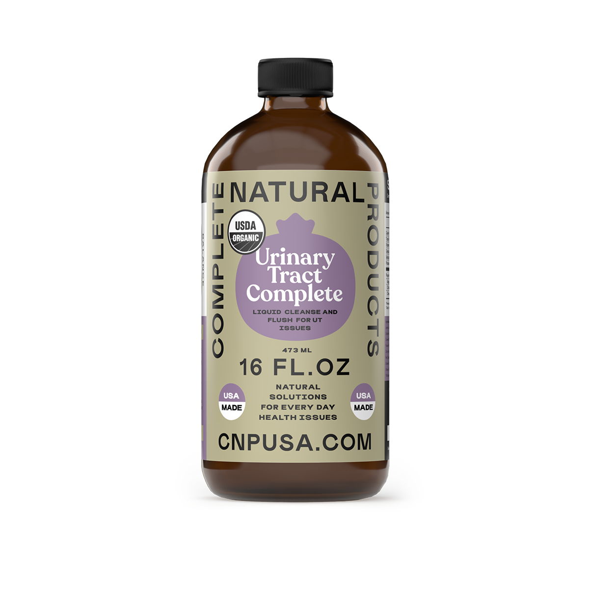 A 16 fl. oz brown glass bottle labeled Urinary Tract Complete by CNPUSA offers USDA organic liquid bladder support for tissue use. The beige label has purple and black text, with CNPUSA.COM shown. Natural Health Defense formula.