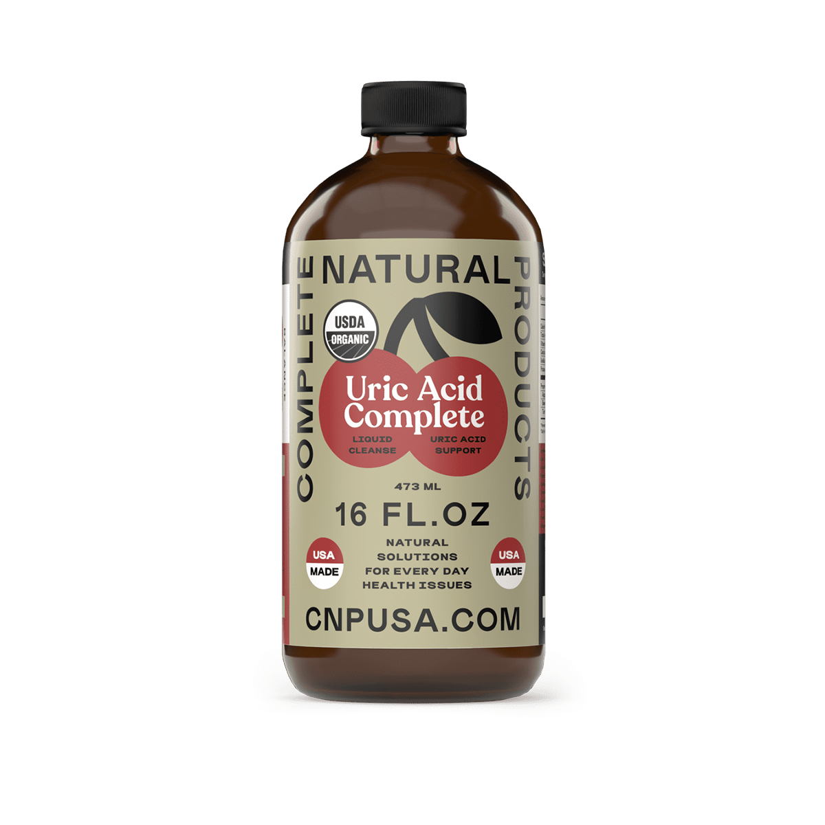 A brown 16oz glass bottle labeled Uric Acid Complete by CNPUSA with a cherry graphic, featuring Cloud Cleanse for uric acid support, USDA Organic, USA Made. Visit CNPUSA.COM.