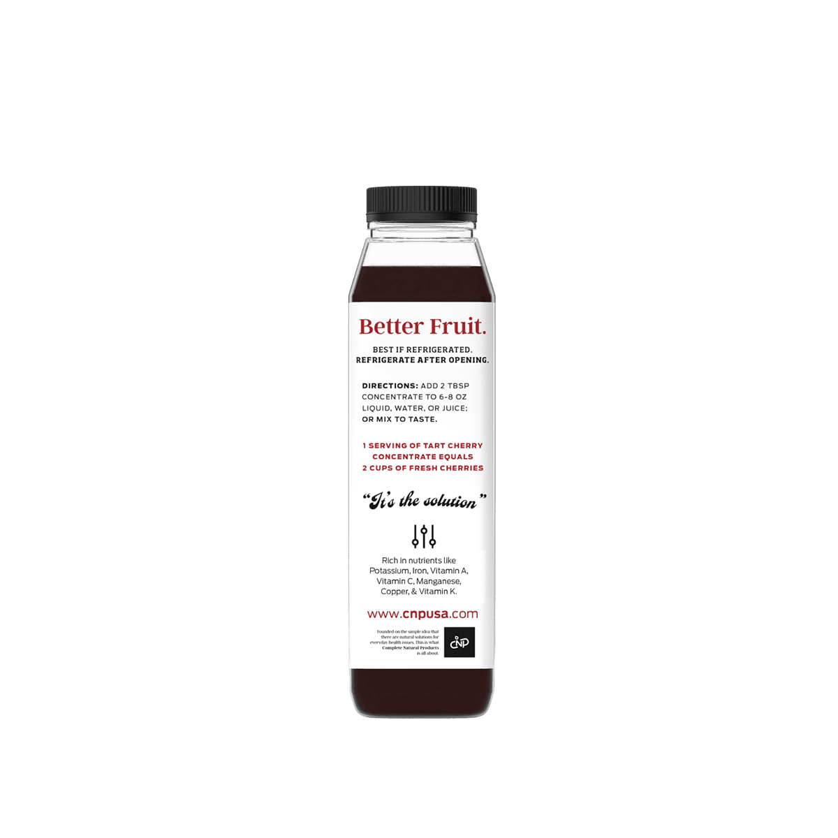 A bottle labeled CNPUSA Tart Cherry Juice Concentrate sits on a white background, featuring directions for use, nutritional info, and the phrase “It’s the solution.” Made from Montmorency tart cherries, it’s rich in anthocyanins.