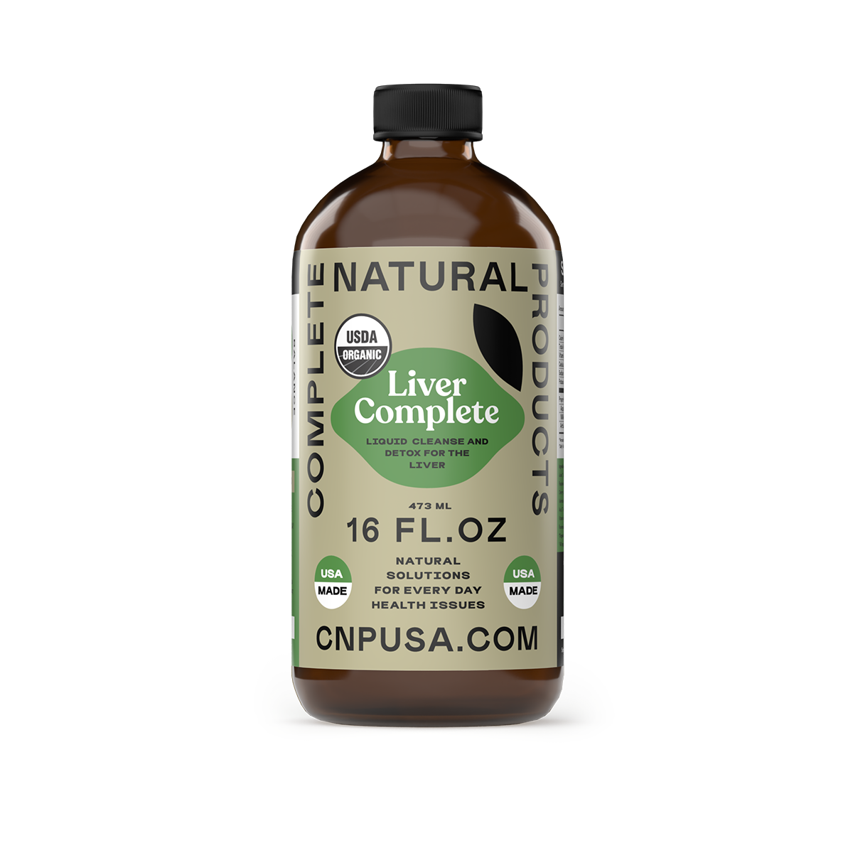 A 16oz glass bottle labeled Liver Complete by CNPUSA, USDA Organic, featuring cleanse and detox for the liver and Liver Complete natural solutions for everyday health issues.