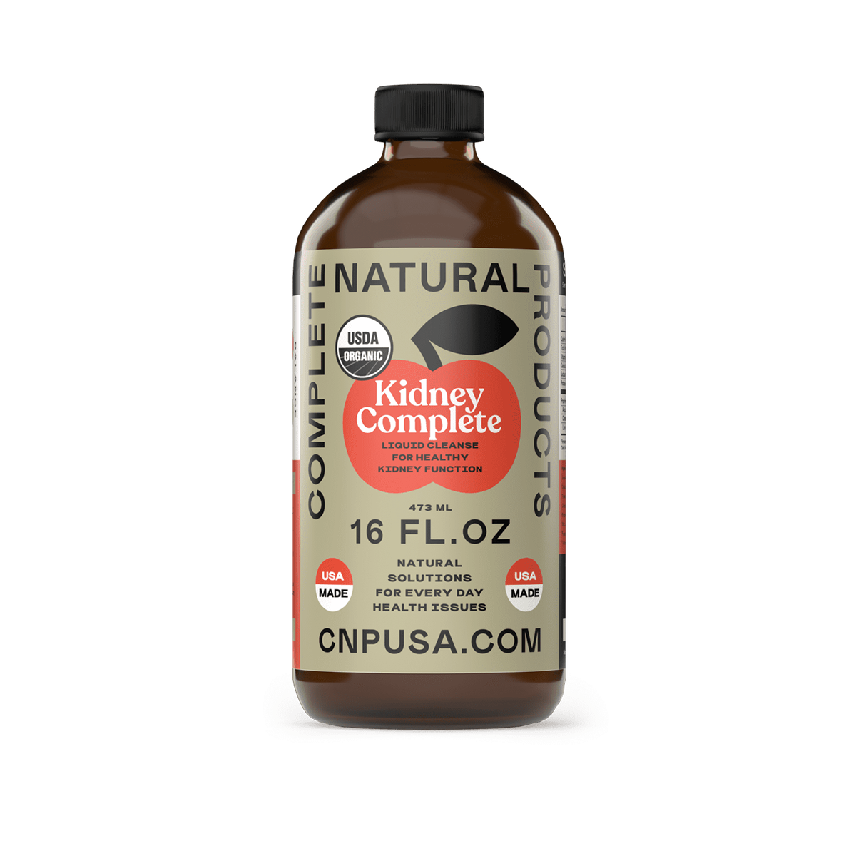 A 16oz Glass Bottle of Kidney Complete by CNPUSA features USDA organic and USA made logos, supports kidney health with Chanca Piedra and Apple Cider Vinegar, and lists the website CNPUSA.COM on its label.